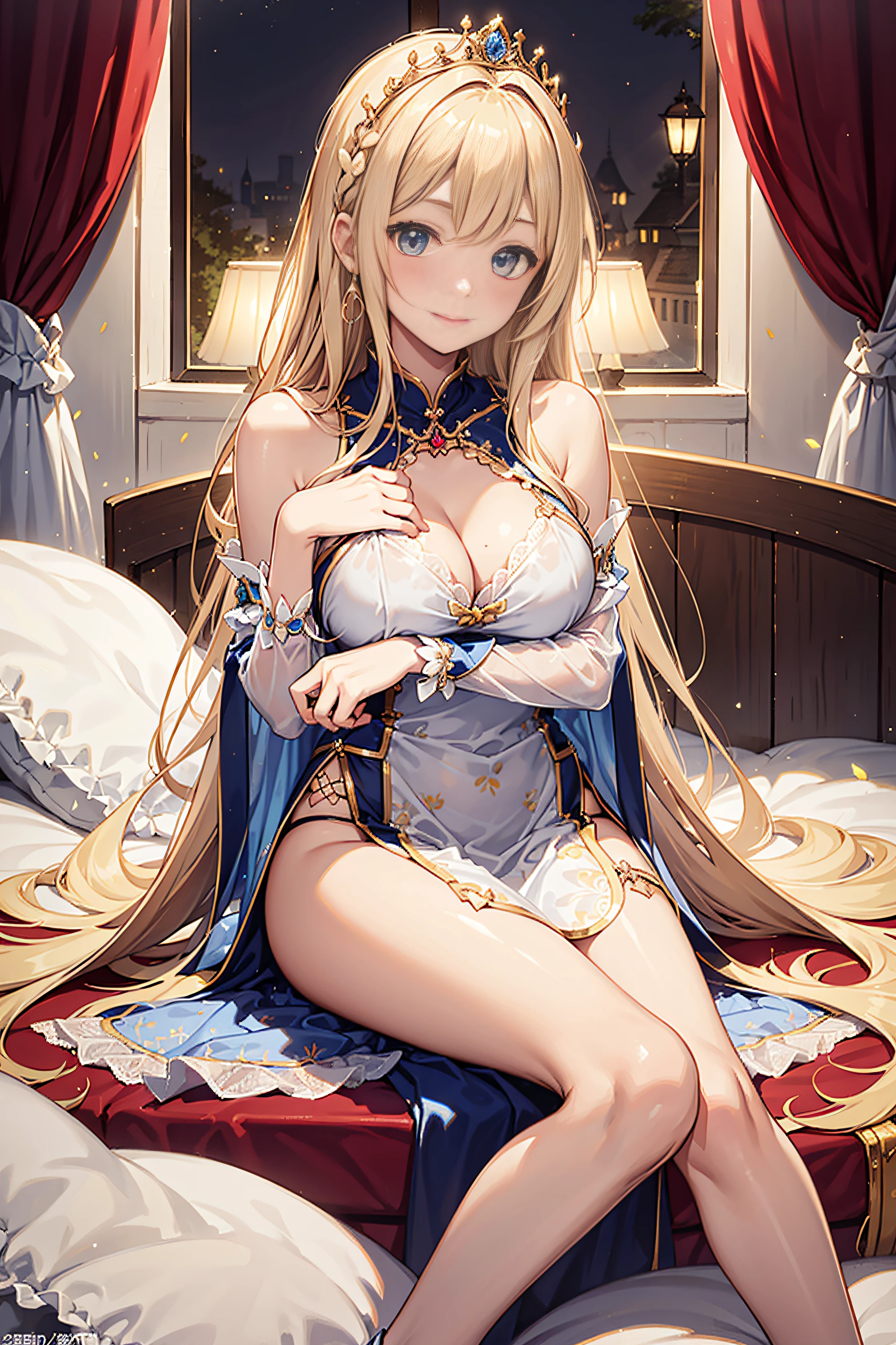 25-year-old female、Shy laughter、Kamimei、Medium chest、Pose Seductive，(brightly patterned princess dress:1.2)，Dark-blonde hair，e Blue Eyes，maximalism，Multi-layered delicate frills，Lots of races，(Delicate pattern:1.1)，(exquisite costumes:1.1)，(Yellow-white tone)，Princess Crown，see-through transparent clothes，beautifull detailed face，Bedroom scene in Western mythology，the night，solo person，flowing skirt，Lace,(shine:1.2), (Best Quality), (masutepiece:1.2),、Pose with emphasis on the buttocks、Sexy pink lace panties、(lyin in bed)、hiding breast