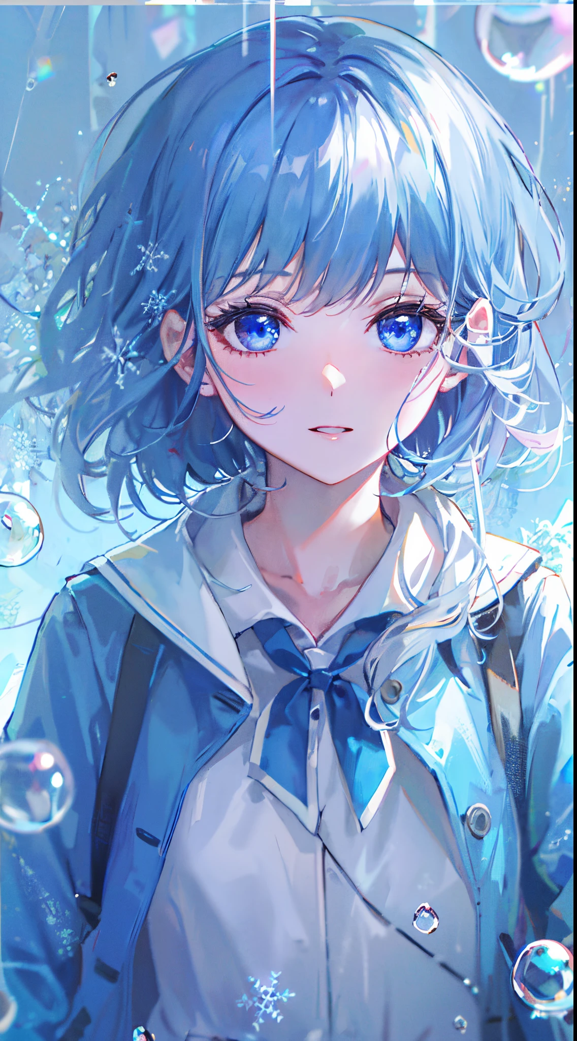((top-quality)), ((masterpiece)), ((ultra-detailliert)), (Extremely delicate and beautiful), girl with, 独奏, cold attitude,((Black jacket)),She is very(relax)with the(Settled down)Looks,A dark-haired, depth of fields,Evil smile,Bubble, under the water, Air bubble,bright light blue eyes,inner color with bright gray hair and light blue tips,,,,,,,,,,,Cold background,Shorthair、Bob Hair - Linear Art, shortpants、knee high socks、White uniform like school uniform、Light blue ribbon ties、Clothes are sheer、Hands in pockets、Bright eyes like sapphire,Fronllesse Blue, A small blue light was floating、Upper Eyes、glass shards、Snowflake eyes、fantastic eyes