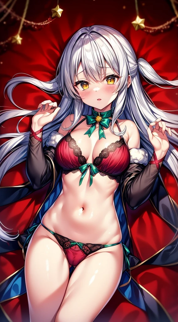 masterpiece, best quality, 1 solo girl, silver hair, yellow eyes, long hair, wavy hair, Christmas ornaments, medium breasts, mature body and face, red santa dress, christmas, christmas light, christmas tree, red gloves, red santa skirt, holding gift, red bra, red panty, leg up, cowboy shots, sexy pose, dakimakura, ultra-detailed body, face, and eyes, sharp focus, vibrant, creative, dynamic, high definition, high resolution, 8k, (Upscale: R-ESRGAN 4x+ Anime6B), (Image enchance:4x), voluptuous body