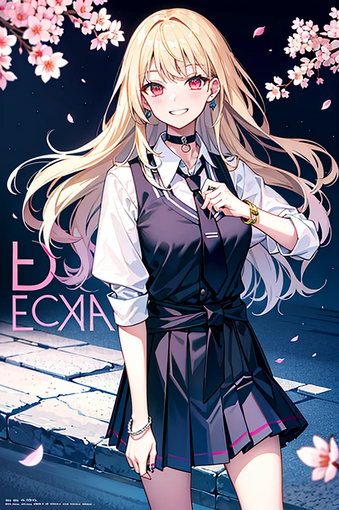 masterpiece, best quality, full body, 1girl, bangs, black choker, black necktie, blonde hair, blue skirt, blush, bracelet, breasts, choker, clothes around waist, collarbone, collared shirt, cowboy shot, dress shirt, ear piercing, eyebrows visible through hair, gradient hair, grin, gyaru, jewelry, kogal, long hair, looking at viewer, loose necktie, necktie, piercing, plaid, plaid skirt, pleated skirt, red eyes, ring, school uniform, shirt, skirt, smile, solo, white shirt, street, sky, cherry blossoms, petals,illustration, (magazine:1.3), (cover-style:1.3), fashionable, woman, vibrant, outfit, posing, front, colorful, dynamic, background, elements, confident, expression, holding, statement, accessory, majestic, coiled, around, touch, scene, text, cover, bold, attention-grabbing, title, stylish, font, catchy, headline, larger, striking, modern, trendy, focus, fashion,