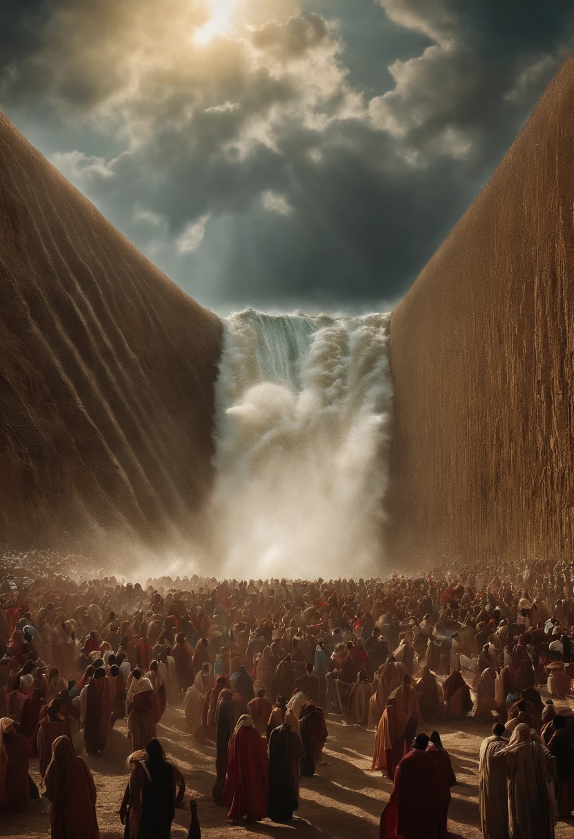 The Exodus of Moses、600,000 people々There are huge walls of water on both sides..、.、A large crowd passes between walls of water