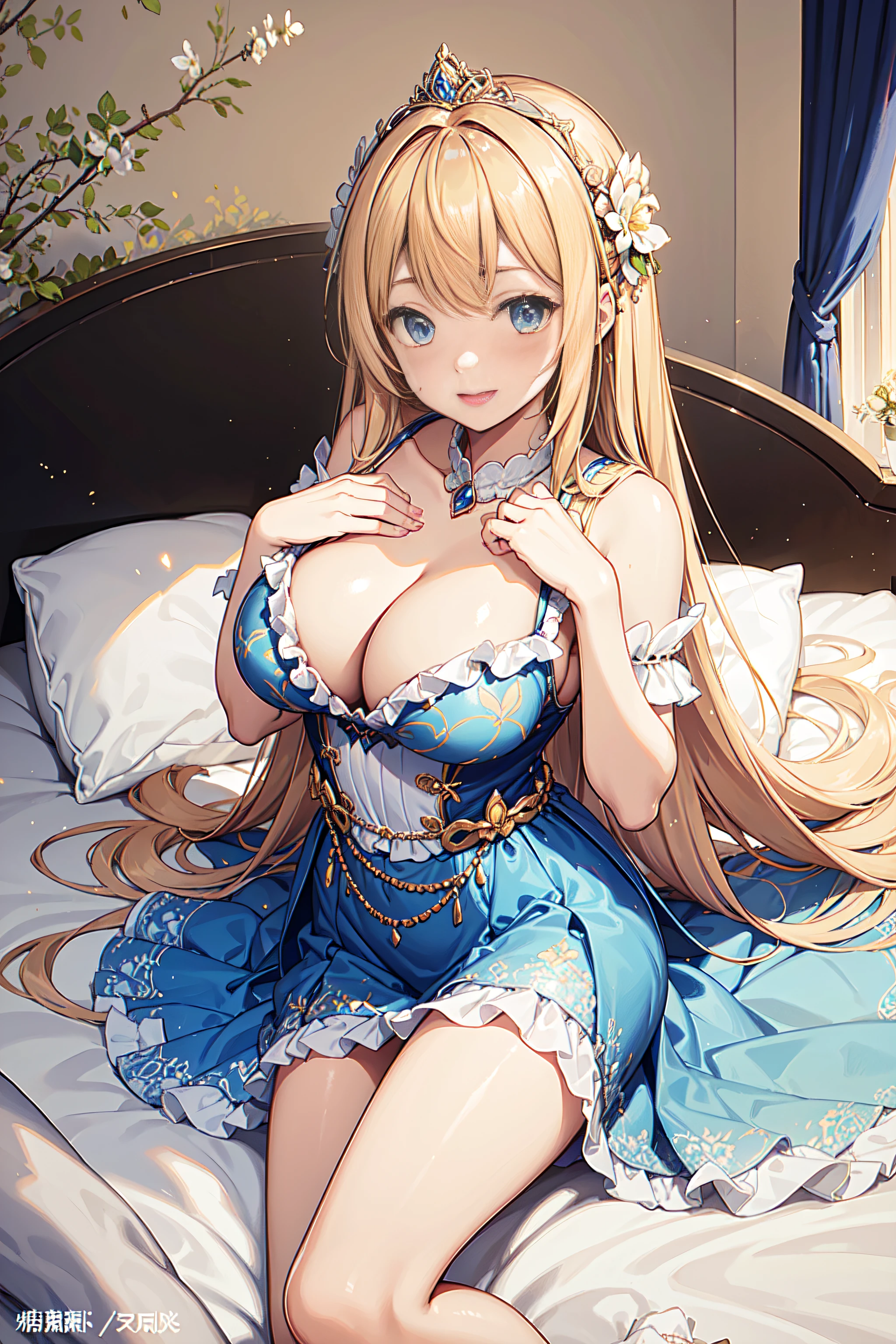 25-year-old female、Shy laughter、Kamimei、Medium chest、Pose Seductive,(brightly patterned princess dress:1.2),Dark-blonde hair,e Blue Eyes,maximalism,Multi-layered delicate frills,Lots of races,(Delicate pattern:1.1),(exquisite costumes:1.1),(Yellow-white tone),Princess Crown,see-through transparent clothes,beautifull detailed face,Bedroom scene in Western mythology,the night,solo person,flowing skirt,Lace,(shine:1.2), (Best Quality), (masutepiece:1.2),、Pose with emphasis on the buttocks、Sexy pink lace panties、(lyin in bed)、hiding breast