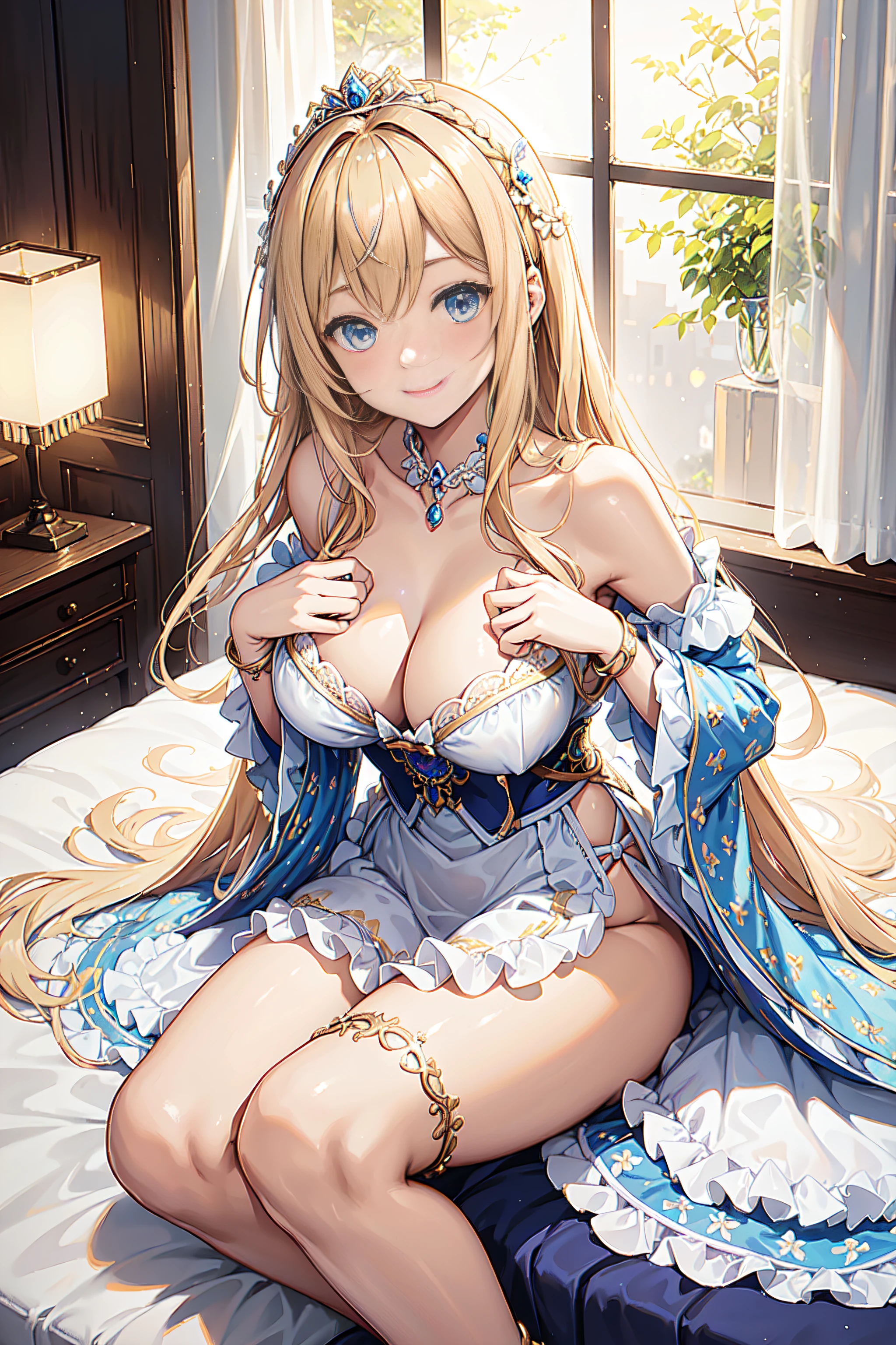 25-year-old female、Shy laughter、Kamimei、Medium chest、Pose Seductive，(brightly patterned princess dress:1.2)，Dark-blonde hair，e Blue Eyes，maximalism，Multi-layered delicate frills，Lots of races，(Delicate pattern:1.1)，(exquisite costumes:1.1)，(Yellow-white tone)，Princess Crown，see-through transparent clothes，beautifull detailed face，Bedroom scene in Western mythology，the night，solo person，flowing skirt，Lace,(shine:1.2), (Best Quality), (masutepiece:1.2),、Pose with emphasis on the buttocks、Sexy pink lace panties、(lyin in bed)、hiding breast