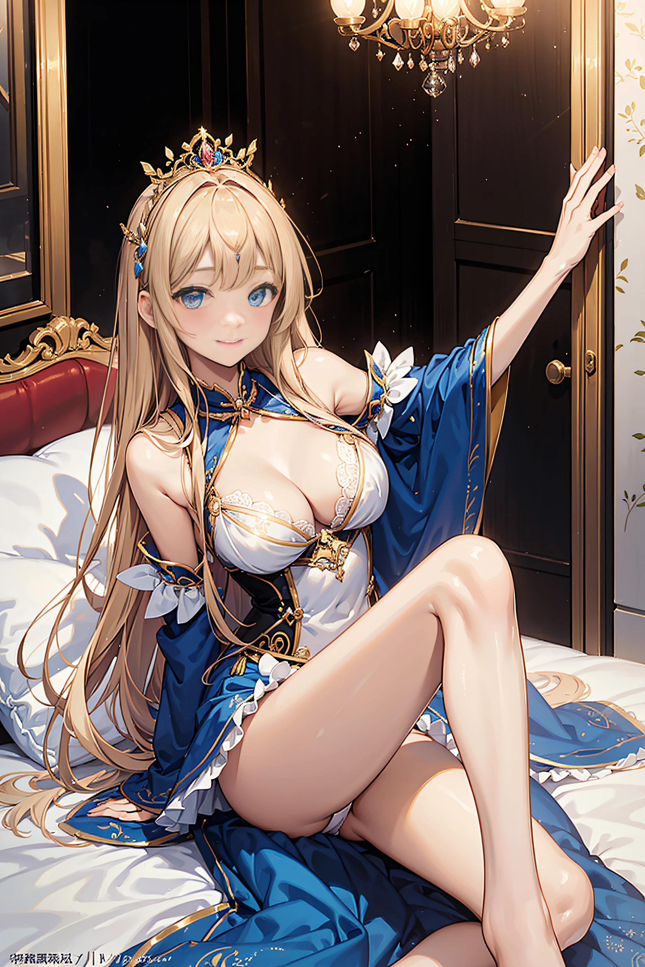25-year-old female、Shy laughter、Kamimei、Medium chest、Pose Seductive,(brightly patterned princess dress:1.2),Dark-blonde hair,e Blue Eyes,maximalism,Multi-layered delicate frills,Lots of races,(Delicate pattern:1.1),(exquisite costumes:1.1),(Yellow-white tone),Princess Crown,see-through transparent clothes,beautifull detailed face,Bedroom scene in Western mythology,the night,solo person,flowing skirt,Lace,(shine:1.2), (Best Quality), (masutepiece:1.2),、Pose with emphasis on the buttocks、Sexy pink lace panties、(lyin in bed)、hiding breast