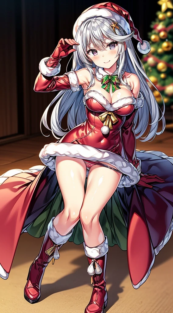 masterpiece, best quality, 1 solo girl, silver hair, purple eyes, long hair, wavy hair, Christmas ornaments, medium breasts, mature body and face, red santa dress, christmas, christmas light, christmas tree, red gloves, red santa skirt, holding gift, red bra, red panty, leg up, cowboy shots, sexy pose, dakimakura, ultra-detailed body, face, and eyes, sharp focus, vibrant, creative, dynamic, high definition, high resolution, 8k, (Upscale: R-ESRGAN 4x+ Anime6B), (Image enchance:4x), voluptuous body