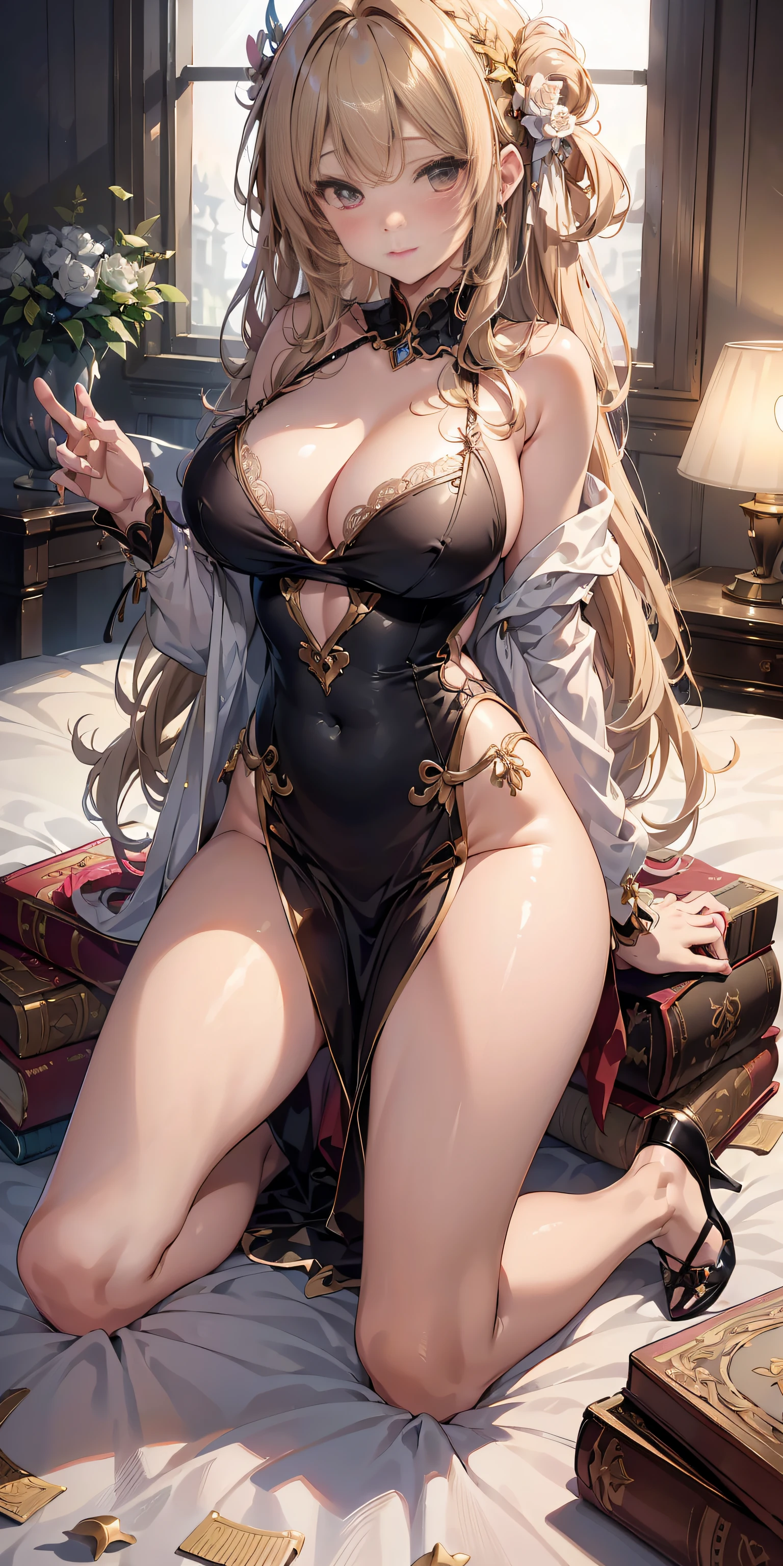 masutepiece, Best Quality, the Extremely Detailed CG Unity 8K Wallpapers, beauty queen costume, Long dark blonde wavy hair、gorgeous dress、Luxurious hair ornaments、Medium milk, Puffy nipple、Blushing, Shy laughter, Bare shoulders、sexy hips、high-heels、Luxurious magic wand and book、Church of the castle、sexy pose、(lyin in bed)、(((Open knees、open one's legs)))、Sexy yellow lace panties