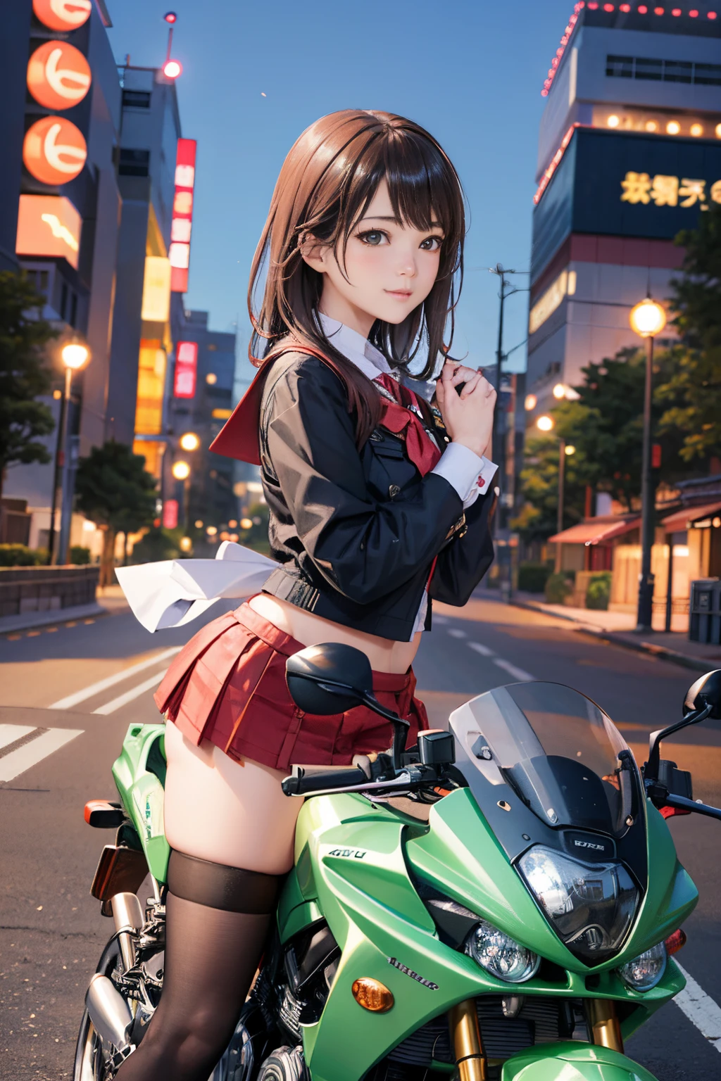 Japan girl riding motorcycle,a miniskirt、Beautie、Beautie、lolicon hentai、Beautiful panties、beautiful thigh、beautiful  Girl、Beautie、Happy!!!, , motor cycle,[ photos realistic ]!!, hight resolution,