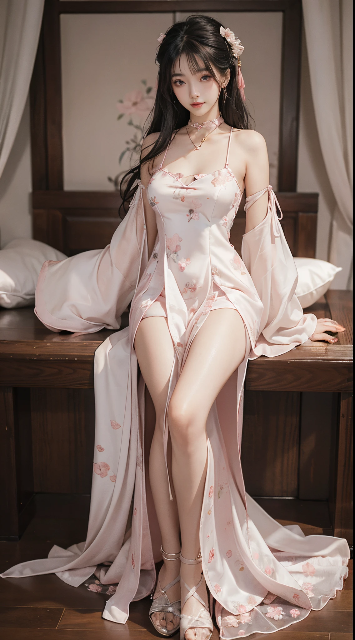 ((full body)), Chinese style, 22-year-old Asian model, Shy, ssmile, slim, Slimming the waist, hanfu, delicated face, ((Pink and white dress, Floral)), a pair of ggx heels, inside in room, Lie down in bed, posing elegantly, slender leg, Cross ed leg, Flirting skirts, Perfect curves, the night, a warm color palette, best qualtiy, 耳Nipple Ring, choker necklace, Hairpins, Heavy makeup, Gorgeous makeup, extremely beautiful eyes