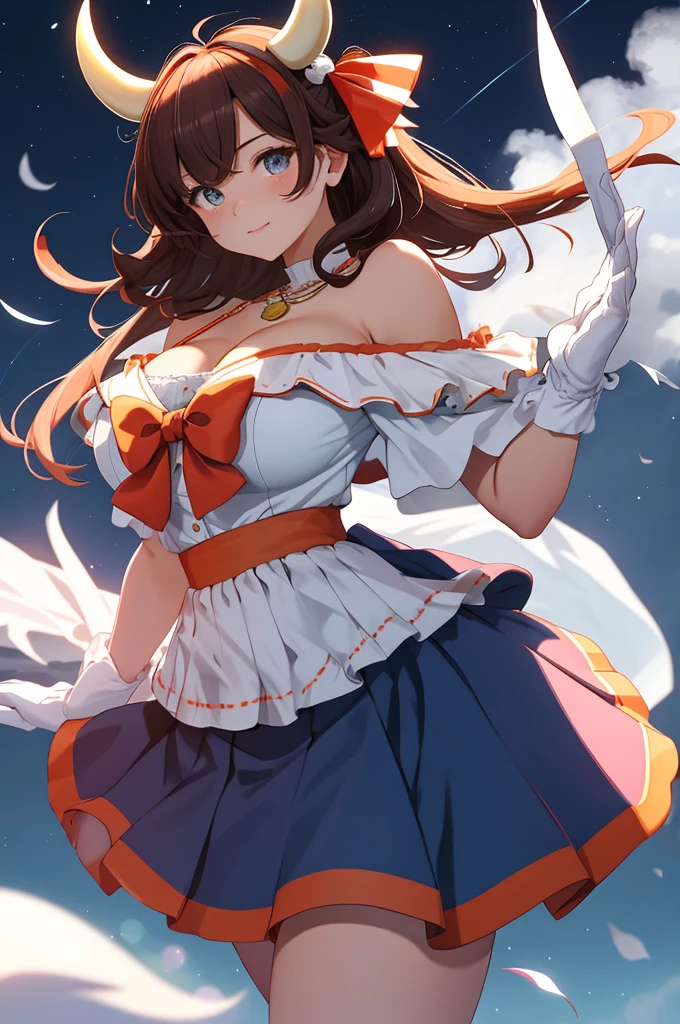 tmasterpiece， Best quality at best， A high resolution， SV1，Off-the-shoulder attire，Large breasts，cleavage，Off-the-shoulder sailor Morishi uniform， orangeskirt， gloves on the elbow， head gear， pleatedskirt， mini-skirts， Red bow， Orange necklace， whitegloves， jewely， 城市， the night， themoon， cow boy shot， standing on your feet，sportrait