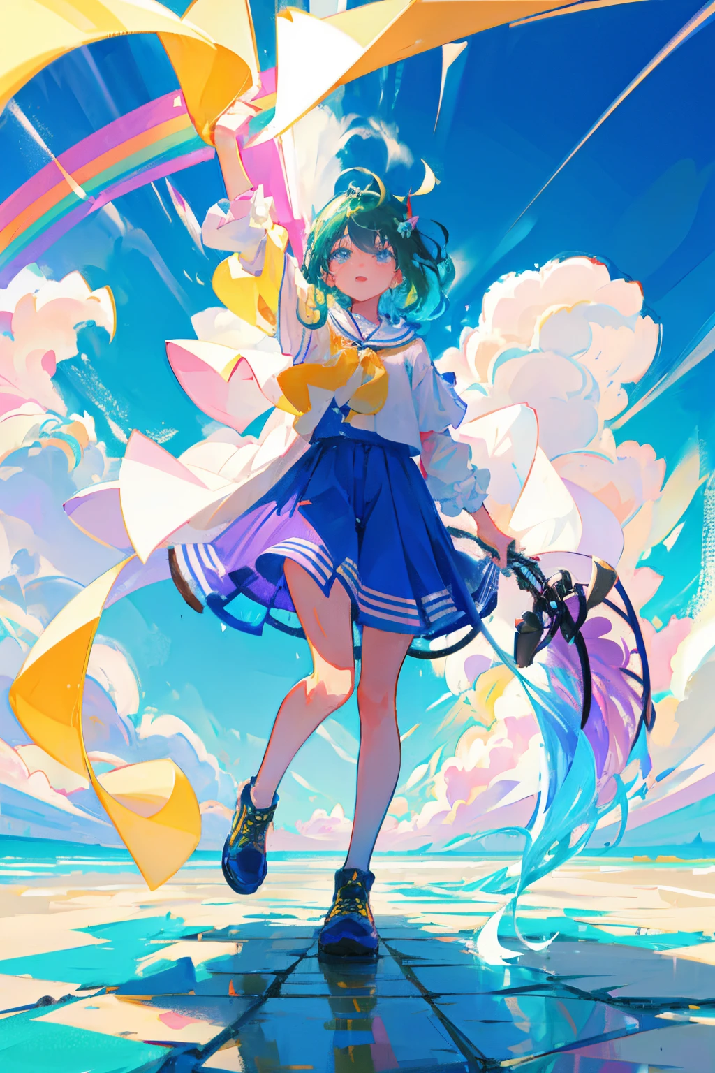 Rainbow on background、Irridescent color、colourfull、blue open sky、Colorful world、has a rainbow weapon、top-quality、超A high resolution、(Photorealsitic:1.4)、Female 1 Person、(Kpop Idle)、(attractiveness:1)、(Rainbow hair:1)、((Puffy eyes))、Look at the viewer、full body Esbian、Facing the front
