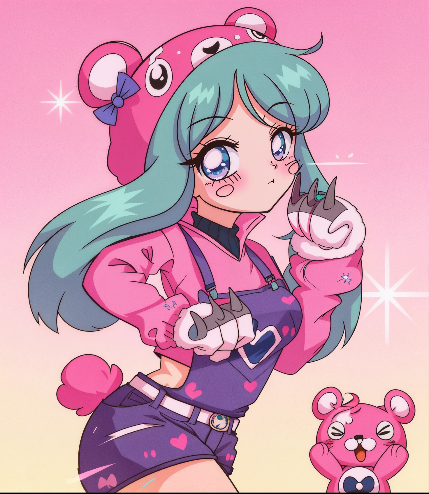 um close up de um personagem de desenho animado com um telefone celular, Marin Kitagawa Fanart, no estilo de arte do anime 8 0 s, candypunk design de personagens, female furry mini cute style, estilo de arte bonito, decora inspired illustrations, 8 0 s estilo de arte anime, 9 0 s estilo de arte anime, cabelo rosa twintail e olhos cianos, arte fofa