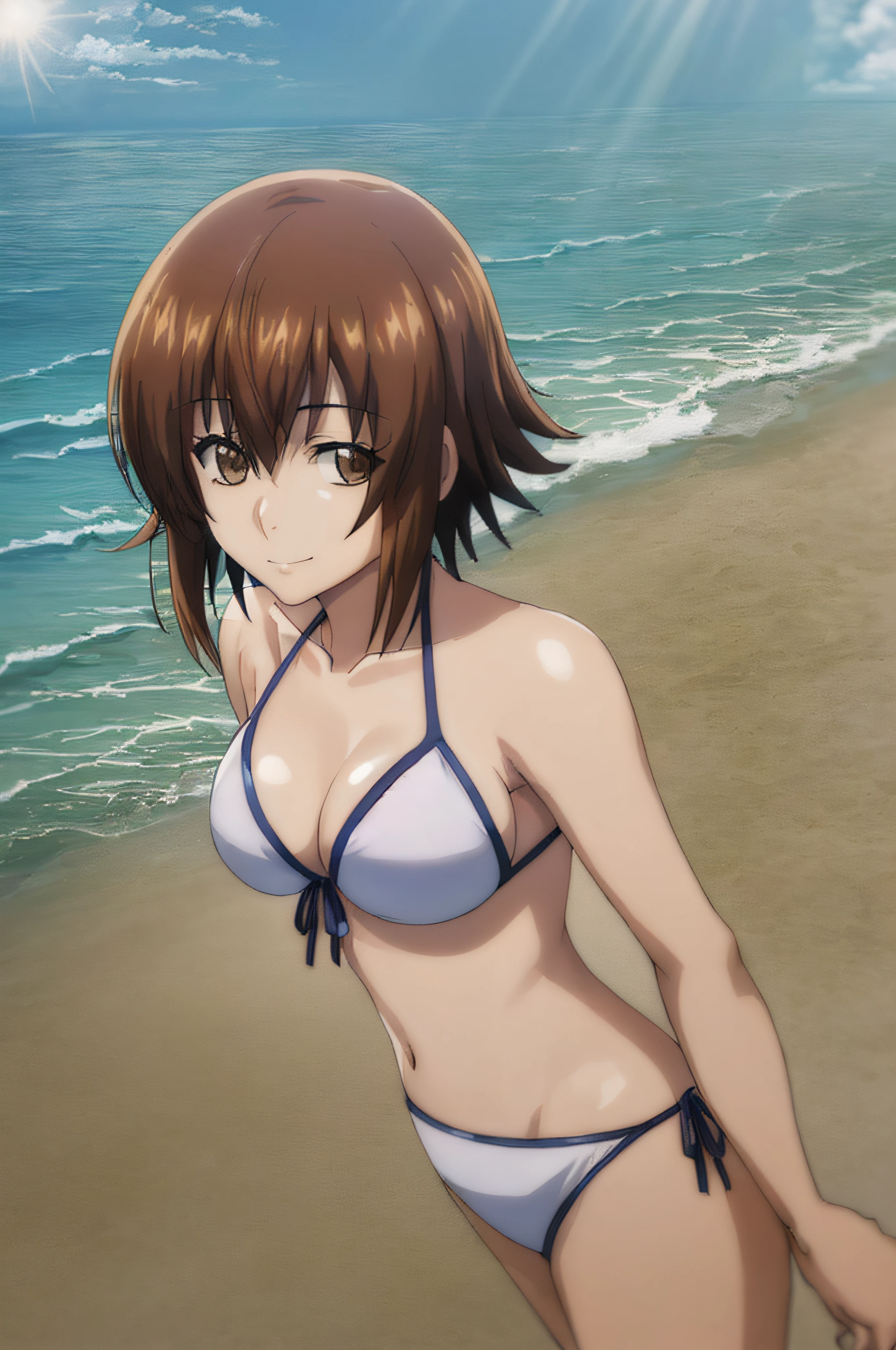 best quality, (masterpiece:1.2), highly detailed, standing, ocean, beach, sun rays, 1girl, solo, kotegawa chisa, looking at viewer, slight smile, closed mouth, medium breasts, brown eyes, brown hair, short hair, front-tie bikini top, white bikini