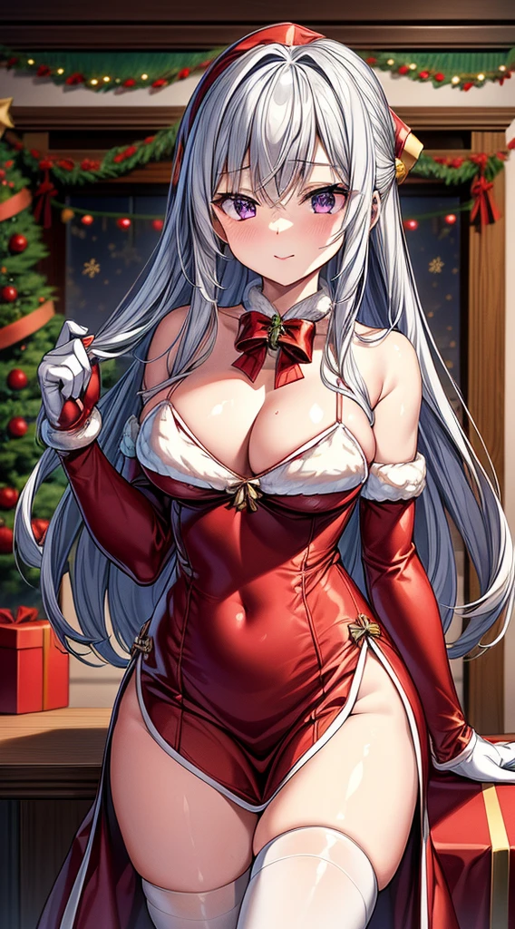 masterpiece, best quality, 1 solo girl, silver hair, purple eyes, long hair, wavy hair, Christmas ornaments, medium breasts, mature body and face, red santa dress, christmas, christmas light, christmas tree, red gloves, red santa skirt, holding gift, red bra, red panty, leg up, cowboy shots, sexy pose, dakimakura, ultra-detailed body, face, and eyes, sharp focus, vibrant, creative, dynamic, high definition, high resolution, 8k, (Upscale: R-ESRGAN 4x+ Anime6B), (Image enchance:4x), voluptuous body