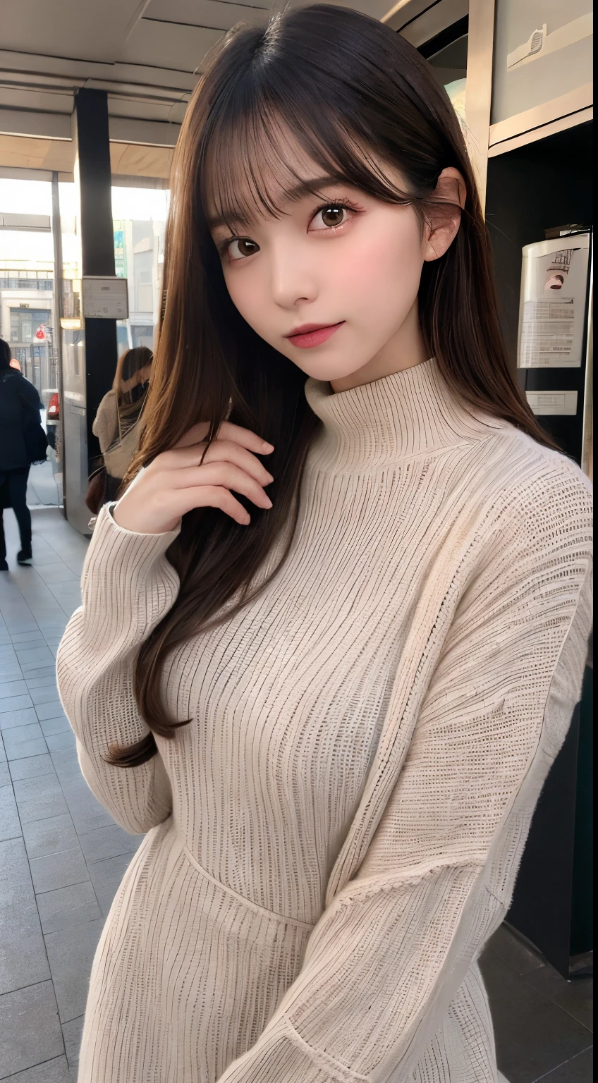 pieces fly、masterpiece、highest quality、Super detailed、High resolution、High resolution、8K portrait、unity 8k wallpaper、Detailed CG、unity 8k wallpaper、Detailed CGユニティ8kの壁紙、realistic、real person、portrait photography、shiny skin、(30 years old)、High resolution、beautiful clear eyes、very detailed explanation、delicate face、nice lips、thin waist、thin legs、1 girl、(Gray turtleneck knit sweater:1.2)、(pleated skirt:1.2)、(flat chest:1.4)、((Self snap:1.4))、(smile:1.2)、(Walking trail:1.2)