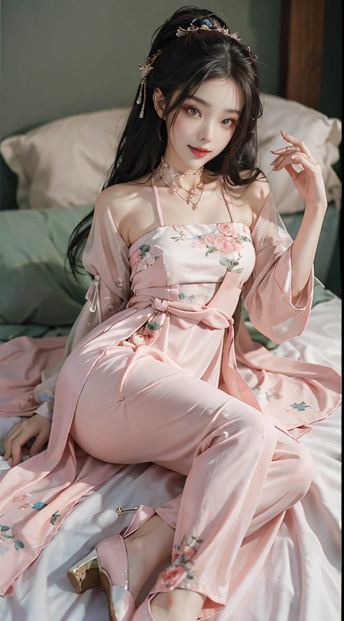 ((full body)), Chinese style, ancient chinese beauti, Young girl, Shy, ssmile, slim, Slimming the waist, hanfu, delicated face, ((Pink and white dress, Floral)), a pair of ggx heels, inside in room, Lie down in bed, posing elegantly, slender leg, Cross ed leg, Flirting skirts, Perfect curves, the night, a warm color palette, best qualtiy, 耳Nipple Ring, choker necklace, Hairpins, Heavy makeup, Gorgeous makeup, extremely beautiful eyes