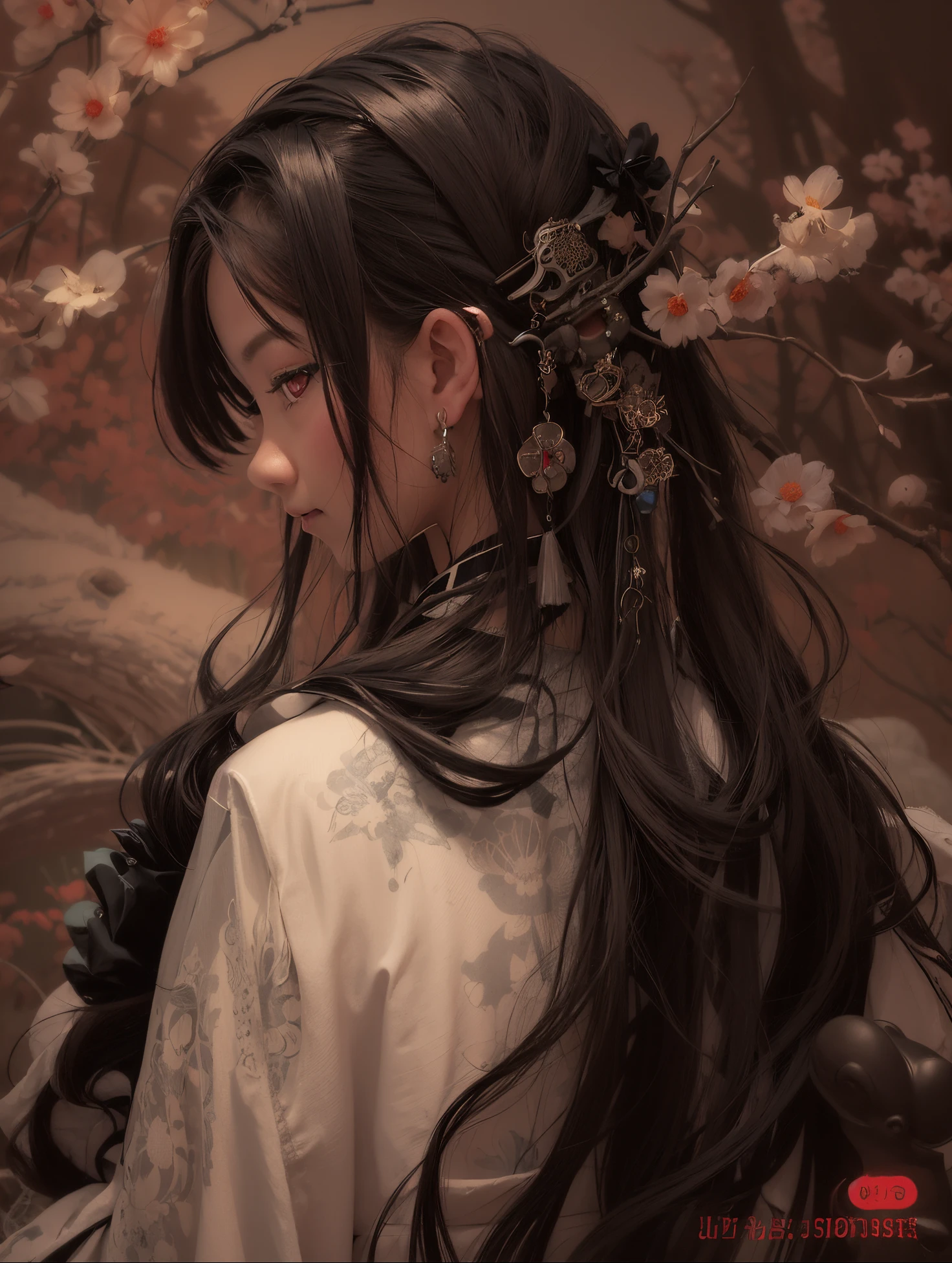 (1 girl:1.2), Solo, Himecut,Traditional clothing of Japan, Red Eyes,Cartoon style, joe fenton, a black and white photo of deadpan, camping, unbecoming, gnawling, envy, Ghast (lovecraftian),Calm, Soft smile, Wayne Barlowe,, in gochuumon wa usagi desu ka? Style, nostalgic