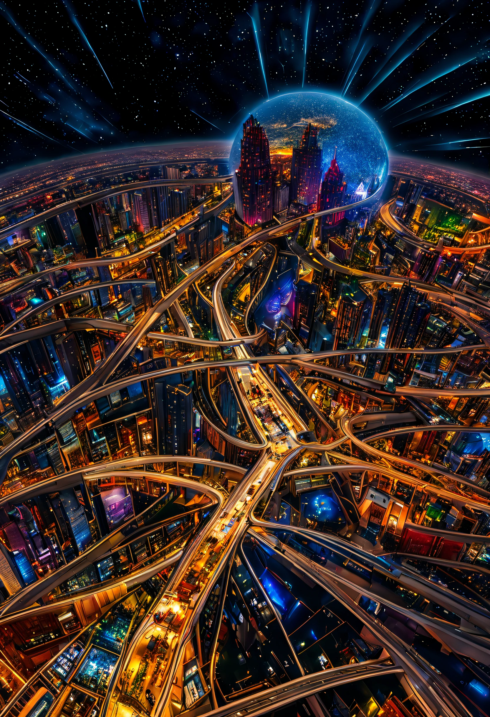 A giantic city in geospacial sphere. Lot of detailled and dreaming colored. The Galaxy is visible beautiful and detailed