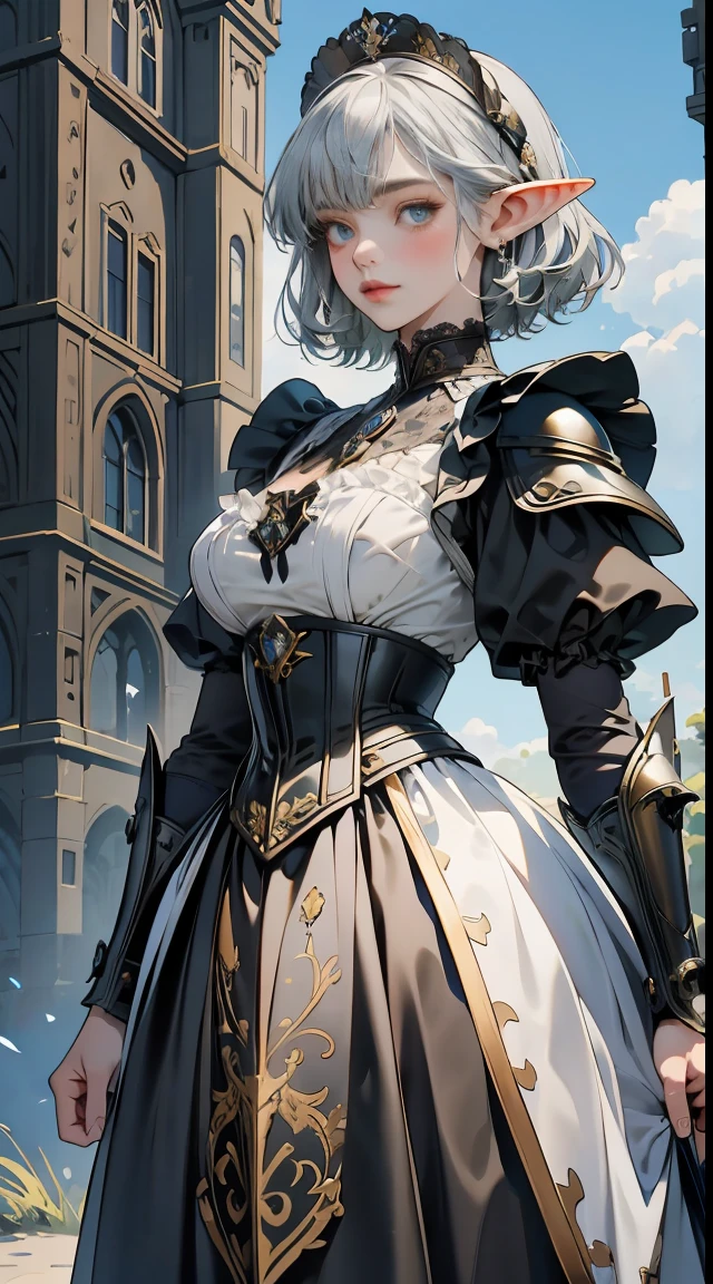 Elf girl medieval knight, standing, green hill with a clear sky. Detailed elf face, big breasts, short hair, silver hair, deep blue eyes. Wearing black Victorian maid armor, full silver armor, intricate armored. Cinematic lighting, masterpiece. by Yusuke Murata