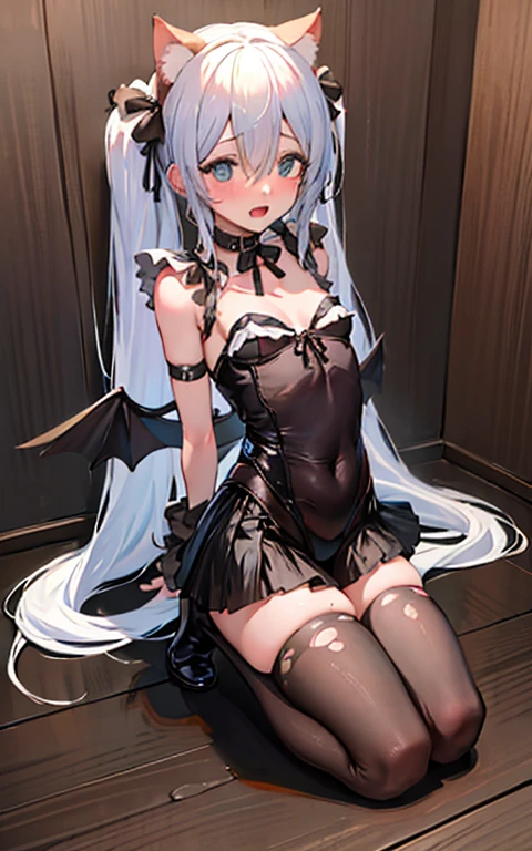 masterpiece,1girl,solo,cat ears,twintails, hair over one eye, demon_wings,small breasts, blue_eyes, blush,open mouth, low wings, torn legwear, (kneeling:1.3),bound arms, ((bondage)),shibari,rope,(arms behind back:1.4),indoors,