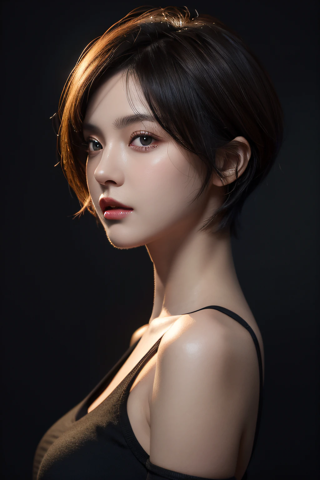 Short hair, Skin Tight Black Top:1.2, Looking at Viewer, Cinematic lighting, Perfect, softlight, High resolution skin:1.2, Realistic skin texture, Realistic face, off shoulders,  Red eyes,  Shortcut Hair、dark brown  hair、Small face、Bust B Cup、