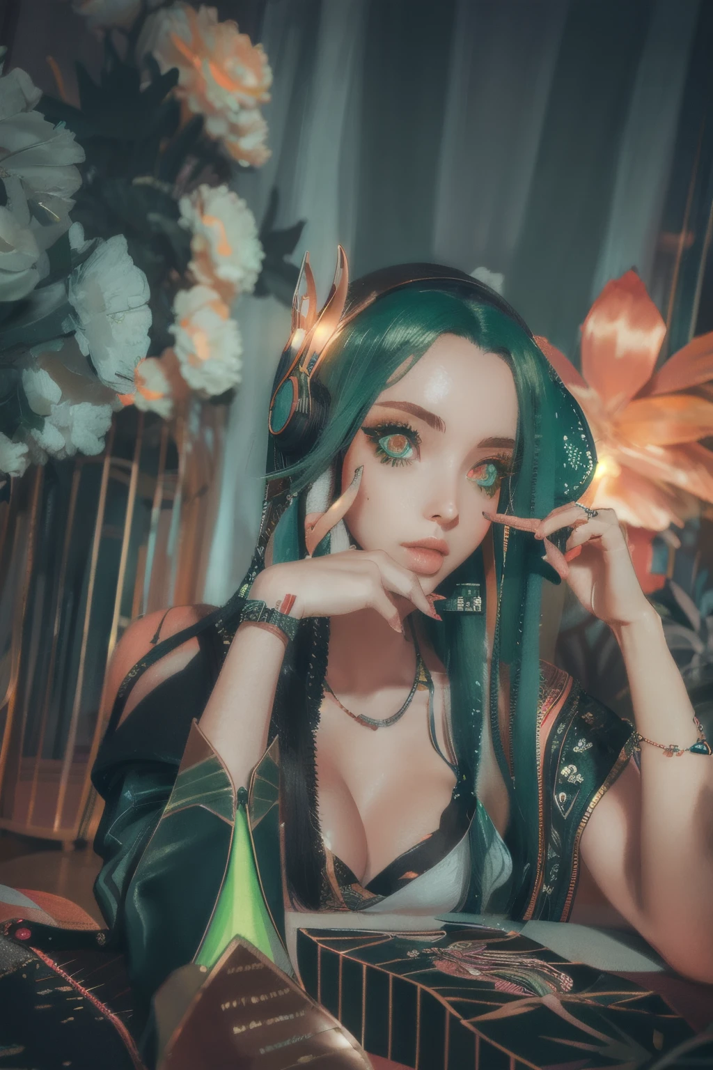 girl with long green hair, green eyes, futuristic vibes, mask on mouth, headphones, 8k, high quality, simple background, glowing eyes, nice pose