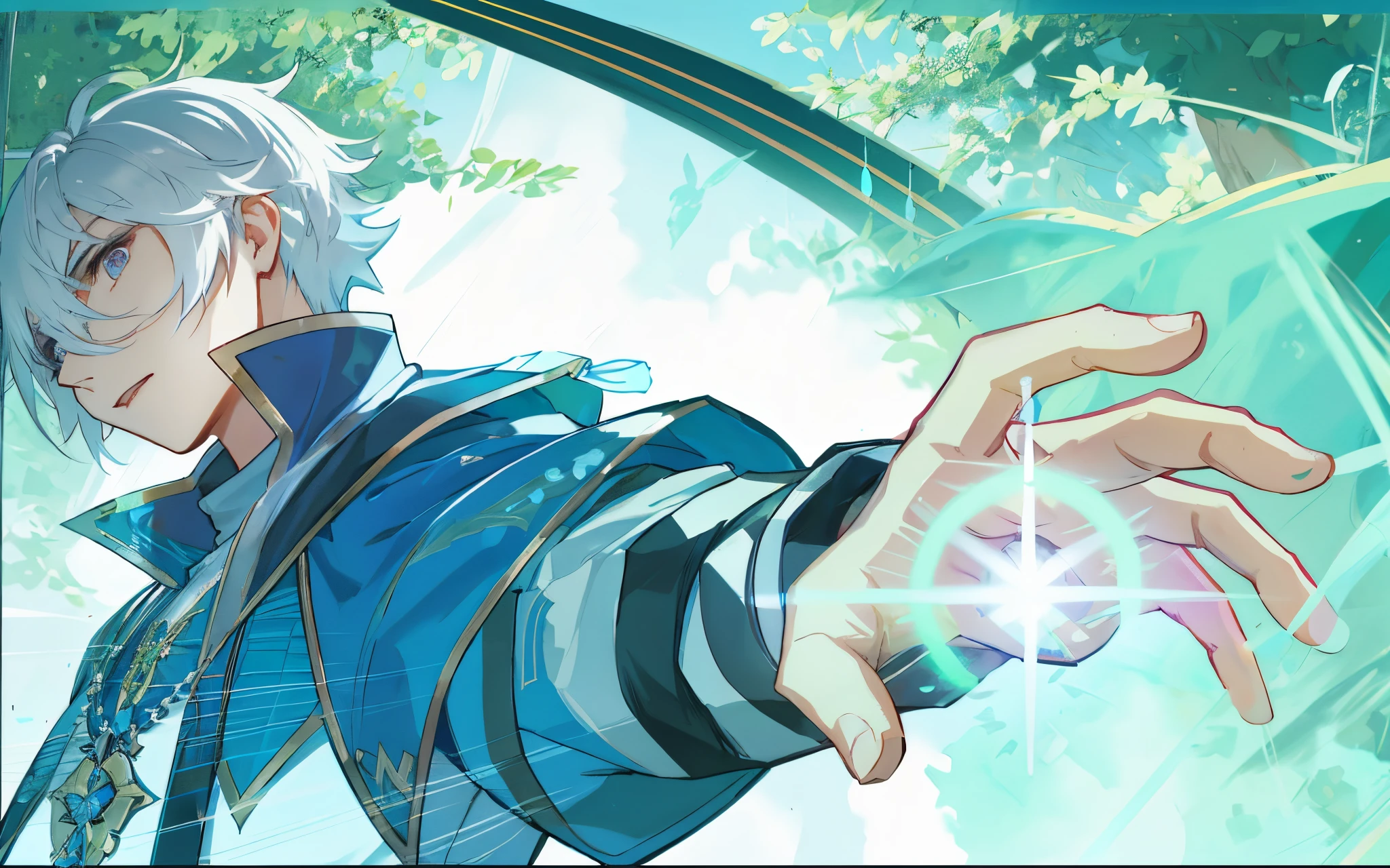 personagem de anime com cabelos brancos e olhos azuis segurando um objeto brilhante, Keqing de Genshin Impact, Personagem Genshin Impact, Zhongli, Genshin Impact, arte oficial altamente detalhada, arte chave detalhada do anime, casimiro arte, Arte Oficial, picture of a male cleric, arte de fundo, hero 2 d fanart artsation, estilo de impacto Genshin, Genshin, um paladino masculino humano, olhos grandes e detalhados, adicionar muitos detalhes, texturas, textura na pele, sombra e luz, OLHAR confiante, olhar forte, rosto malvado, homem confiante, corajoso, cabelo branco, white hair, homem corajoso, hand open, 5 dedos apertos