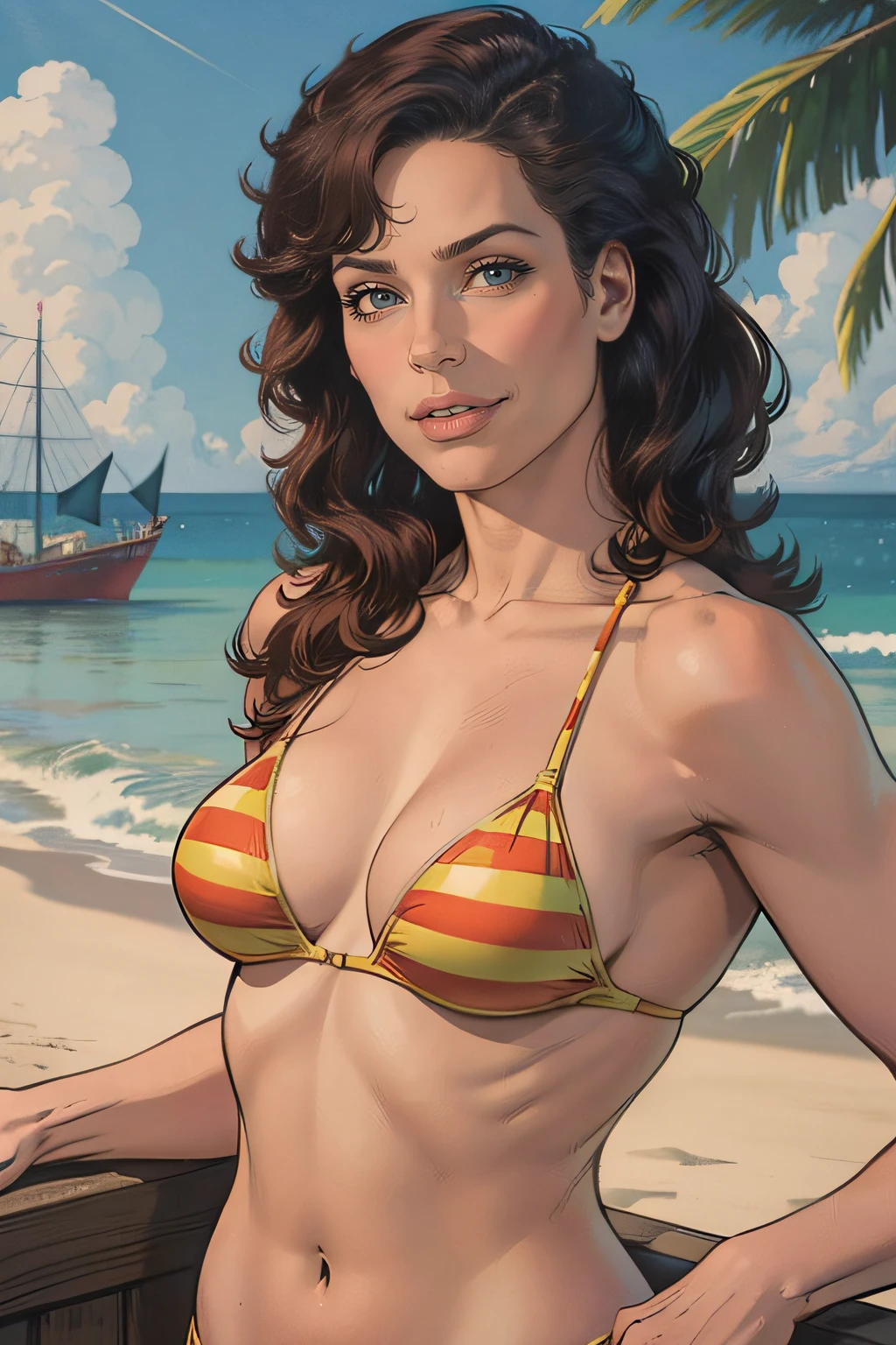 (masterpiece), (high resolution), artistic photo, Bokeh, raw, dappled light on attractive 30 year old woman with blue eyes, flowing light brown hair, supermodel body, small breasts, wearing a striped bikini, posing standing on a beach, with palm trees and ships in the background, upper body, background: Hawaiian beach, palm trees, ships, sunny, white clouds, dutch angle, deep of field, , atmospheric, intricate details, ultra realistic, rule of thirds, dramatic overhead lighting, detailed face, cute, shallow depth of field, intricate details, god rays,