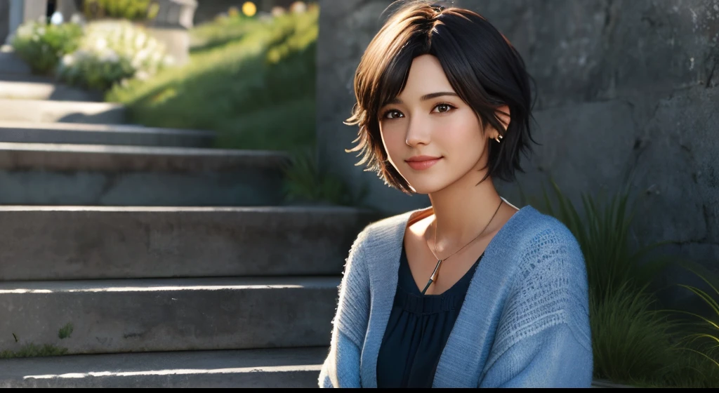 (Best Quality, 4k:1.2), hight resolution, Ultra-detailed, Realistic, Sayudef, full - body, Smile, blusher, exteriors, jour, Simple background, blue skies, Short hair, skye, temple, looking at the audience, sitting on a staircase, village, moody lights, realistic 3 d style, 8k portrait rendering, photo realistic style, photo realistic render