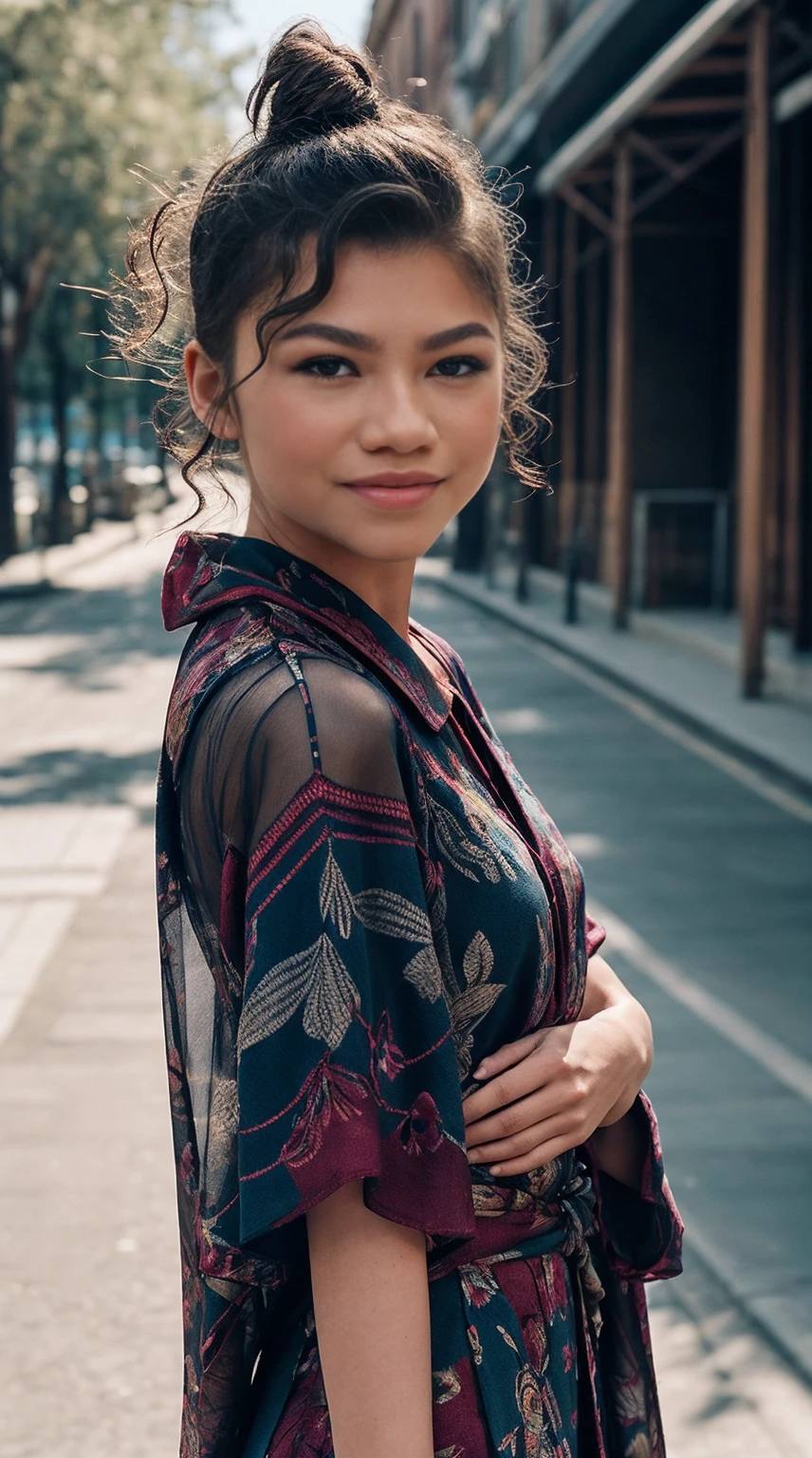 Generate a top-quality, 8K masterpiece photo of Zendaya with crisp focus, showcasing a beautiful woman with a perfect figure. Portray her in a slender frame with an elegant Textured Chignon hairstyle. Dress her in a Kara-inspired kimono, creating a realistic and detailed representation of Zendaya in this exquisite attire.

Craft a scene on the street with a highly detailed face and skin texture, paying close attention to the eyes, featuring double eyelids in a random posture. Capture Zendaya's radiant smile, embodying the charm of a super cute and beautiful American girl. Ensure a realistic portrayal with a summer festival ambiance, set against the backdrop of a sunset and fireworks.

Integrate a perfect hands prompt, emphasizing anatomically correct hands with precisely sized fingers, no deformations, and highly detailed features. Elevate the overall realism of the image, focusing on Zendaya's expression, posture, and the detailed background to create a visually striking and authentic representation.