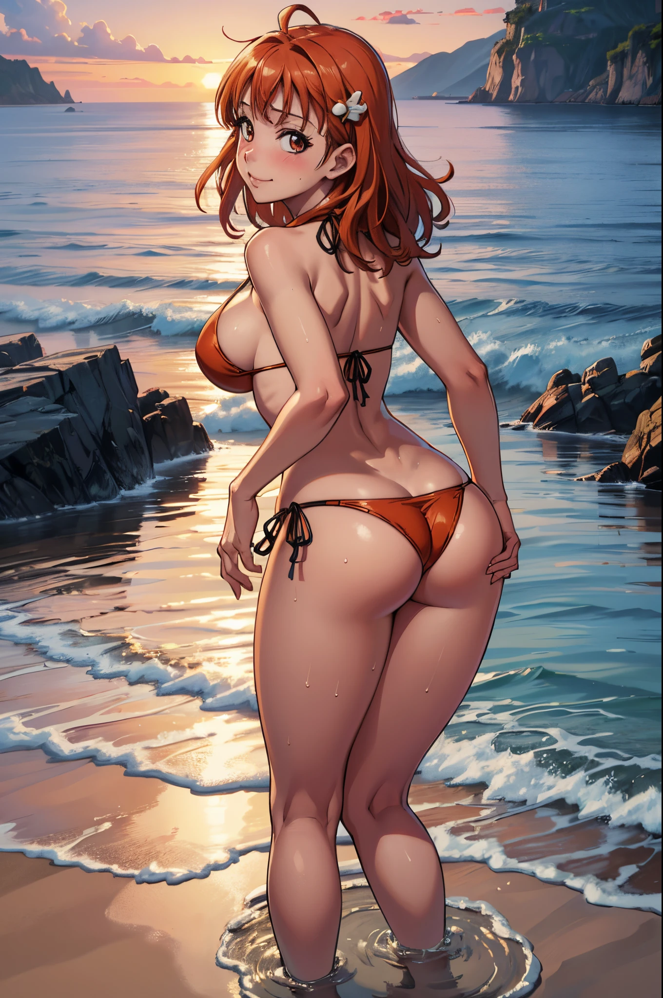 (best quality,4k,8k,highres,masterpiece:1.2), ultra-detailed, sunset ,bent over, looking back,big breasts, hands on knees , takami chika, side-tie bikini, slightly smile, Blushing, thighs, cowboy shot, hair ornament, sea in background,wet
