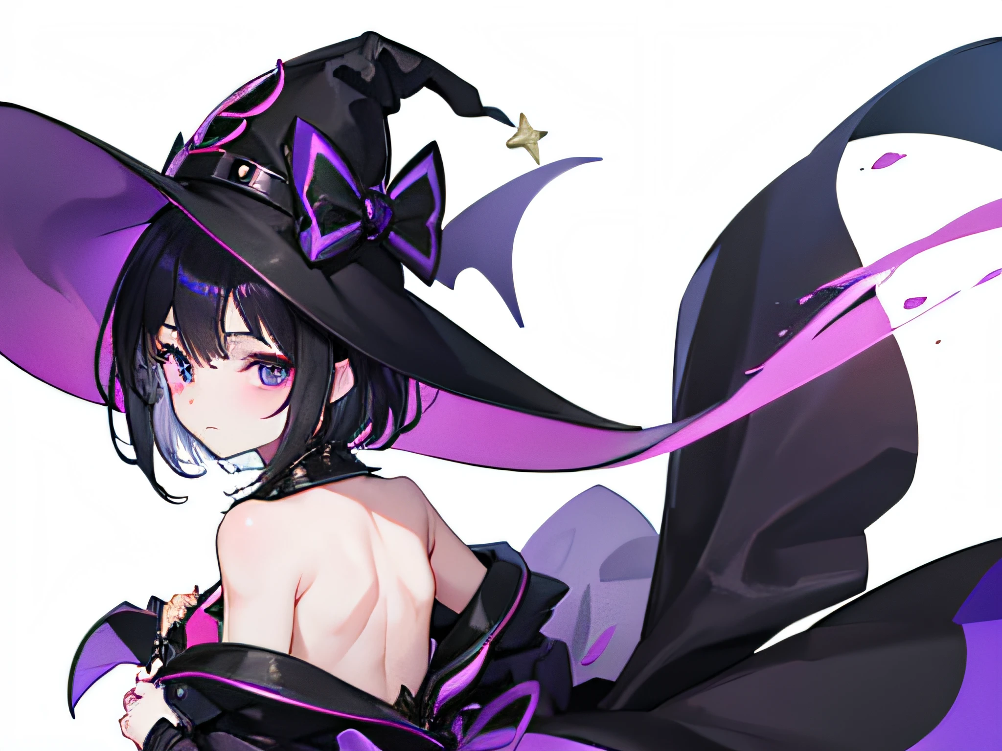 1girl, Loli girl, short hair, anime girl in a witch costume with a black hat and a purple cape, god's dress, god's ruffles, fashionable, black haired and dark eyes mage, anime Moe art style, flat chest, looking back, (((doggystyle))), arched back, from behind, (((show off nipple))), open clothes, (full buttocks)