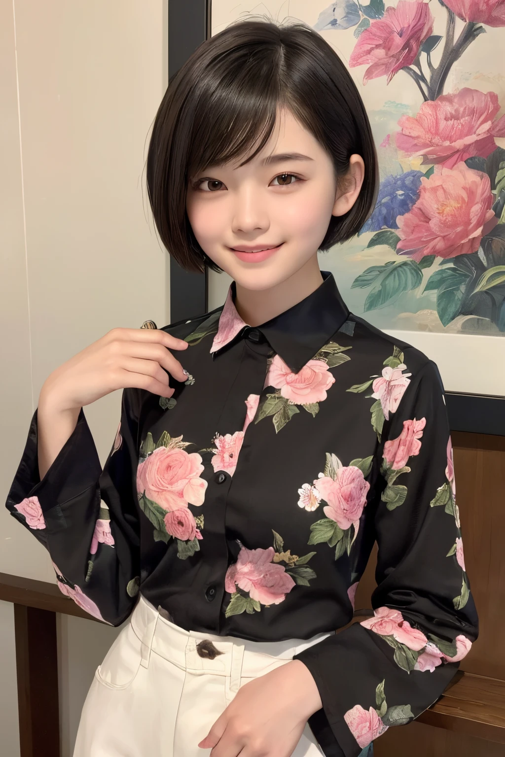 (-yeld wo,is standing), (A hyper-realistic), (masutepiece), ((short-hair:1.46)), (Smooth black hair), wear long pants, (Wear a long-sleeved floral shirt), (Painterly、picture frame), (Gentle smile), (Keep your mouth shut)