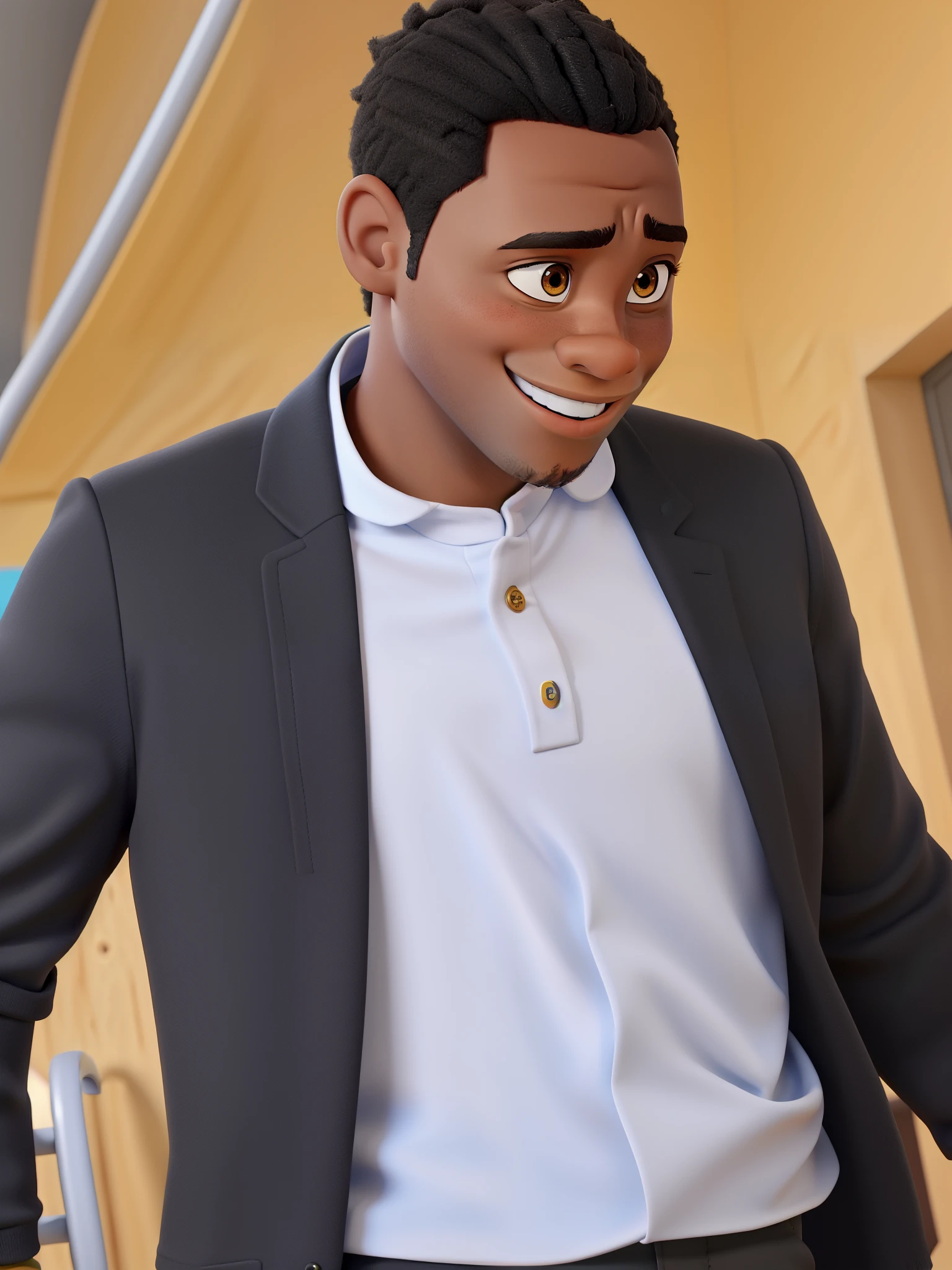 jovem negro de fato olhando para baixo sorrindo , estilo capa Disney Pixar