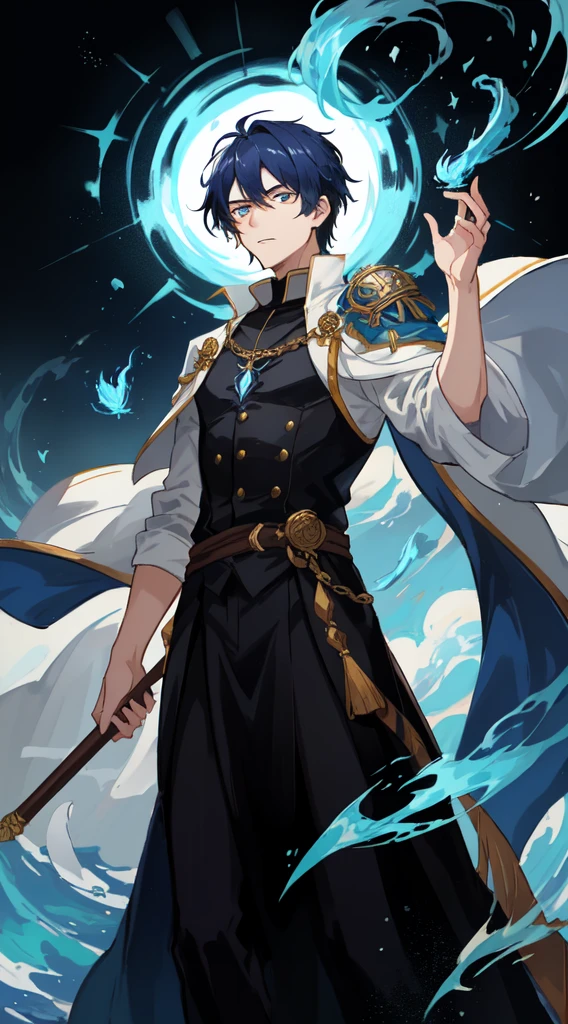 The protagonist is portrayed as an imposing、powerful person. His appearance conveys a unique combination of power and mystery. with an upright and confident posture, He is portrayed as a man who realizes that he is proficient in magic.
Have an eye-catching appearance, The protagonist has fluffy black hair,Draped over the shoulders, Scattered locks of bright electric blue seem to radiate magical energy. His eyes were deep and sharp, intense blue,Reflect determination and accumulated wisdom.
Dress elegantly、Impressive clothing, The protagonist wears a robe,around his body, Made of dark fabric,With silver details and cryptic symbols. Clothing is decorated with intricate ornaments, Represents the basic elements of magic: 火焰, wave, wind and stones, Symbolizing his control over these powers.
A magical aura surrounds him, Represented by glowing sparks dancing around him, Emphasizing his connection to mystical forces. In his hands, He possesses magical manifestations of the basic elements: Burning flame, aquatic realm, Air whirlwind and floating rocks, Demonstrate his mastery and versatility of magic.
The protagonist has a serious and determined expression, Demonstrate a focused and tenacious personality. His eyes reflect wisdom beyond his years, A testament to the depth of his magical knowledge and his important role in history.
This illustration of the protagonist captures his essence as a powerful magician, Conveying his aura and his intrinsic connection to the elements. it piques readers' interest,and develop feelings of admiration and respect for the protagonist, Highlight him as the central character of the plot,and spark curiosity about his journey and challenges.
