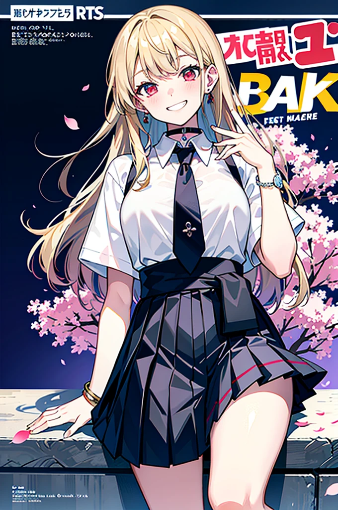 masterpiece, best quality, full body, 1girl, bangs, black choker, black necktie, blonde hair, blue skirt, blush, bracelet, breasts, choker, clothes around waist, collarbone, collared shirt, cowboy shot, dress shirt, ear piercing, eyebrows visible through hair, gradient hair, grin, gyaru, jewelry, kogal, long hair, looking at viewer, loose necktie, necktie, piercing, plaid, plaid skirt, pleated skirt, red eyes, ring, school uniform, shirt, skirt, smile, solo, white shirt, street, sky, cherry blossoms, petals,illustration, (magazine:1.3), (cover-style:1.3), fashionable, woman, vibrant, outfit, posing, front, colorful, dynamic, background, elements, confident, expression, holding, statement, accessory, majestic, coiled, around, touch, scene, text, cover, bold, attention-grabbing, title, stylish, font, catchy, headline, larger, striking, modern, trendy, focus, fashion,