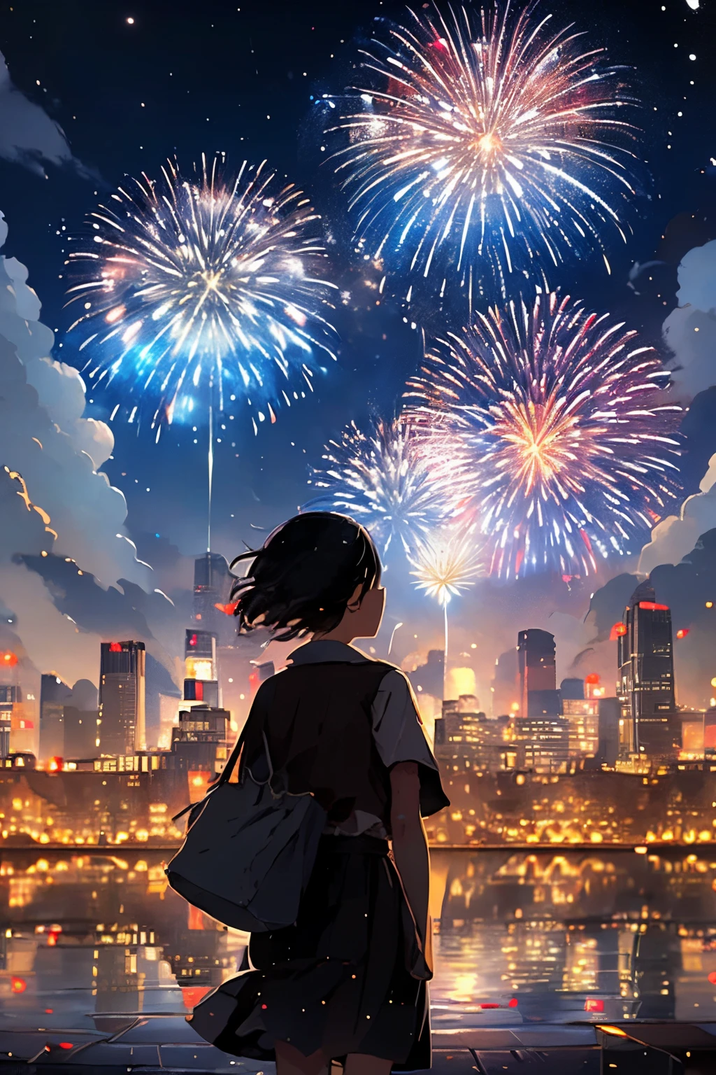 1girl, fireworks, scenery, sky, solo, night, outdoors, city lights, city, cloud, cityscape, bag, facing away, building, holding, skirt, night sky, standing, short hair, from behind, aerial fireworks, black hair, skyline, school uniform, reflection, cloudy sky (illustration:1.0), masterpiece, best quality,