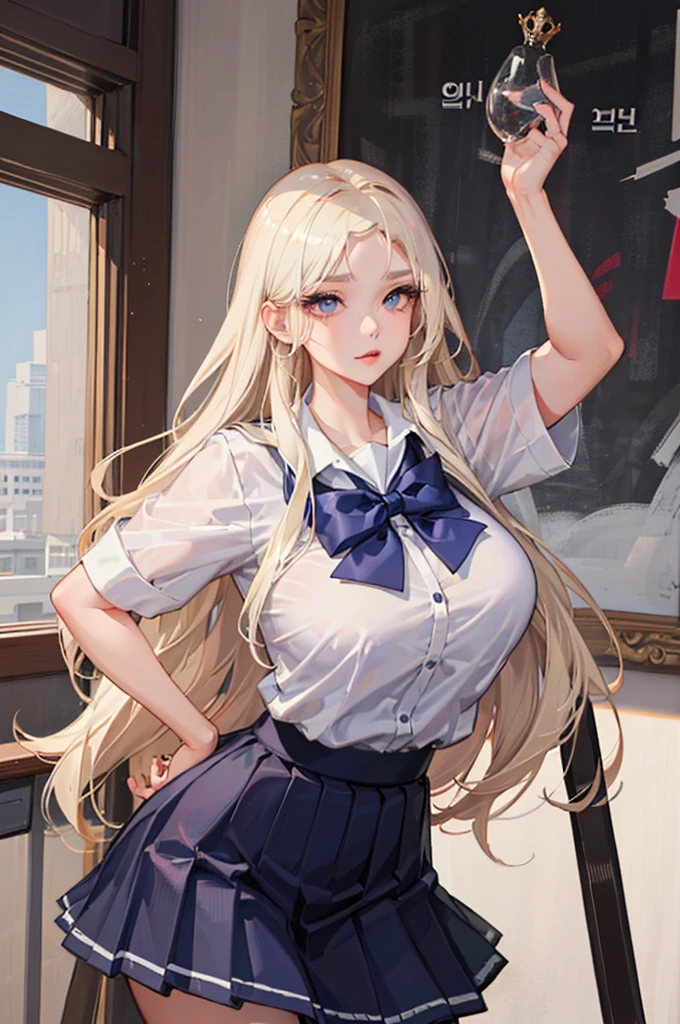 1girl, nsfw, masterpiece, best quality, slender girl with hourglass body and massive breasts, solo, pretty, cute, shy girl, ((girl wears school uniform, short pleated skirt, white blouse, Korean school uniform)), sexy, girl shows enticing breasts, ((platinum blond hair, long hair)), indigo eyes, detailed eyes, beautiful eyes, delicate eyes, ((hourglass body, sexy body)), correct anatomy, correct limbs, ((massive breasts, large breasts)), juicy lips, pouty lips, [detailed background (korean school, korean high school, Seoul, south korea)]