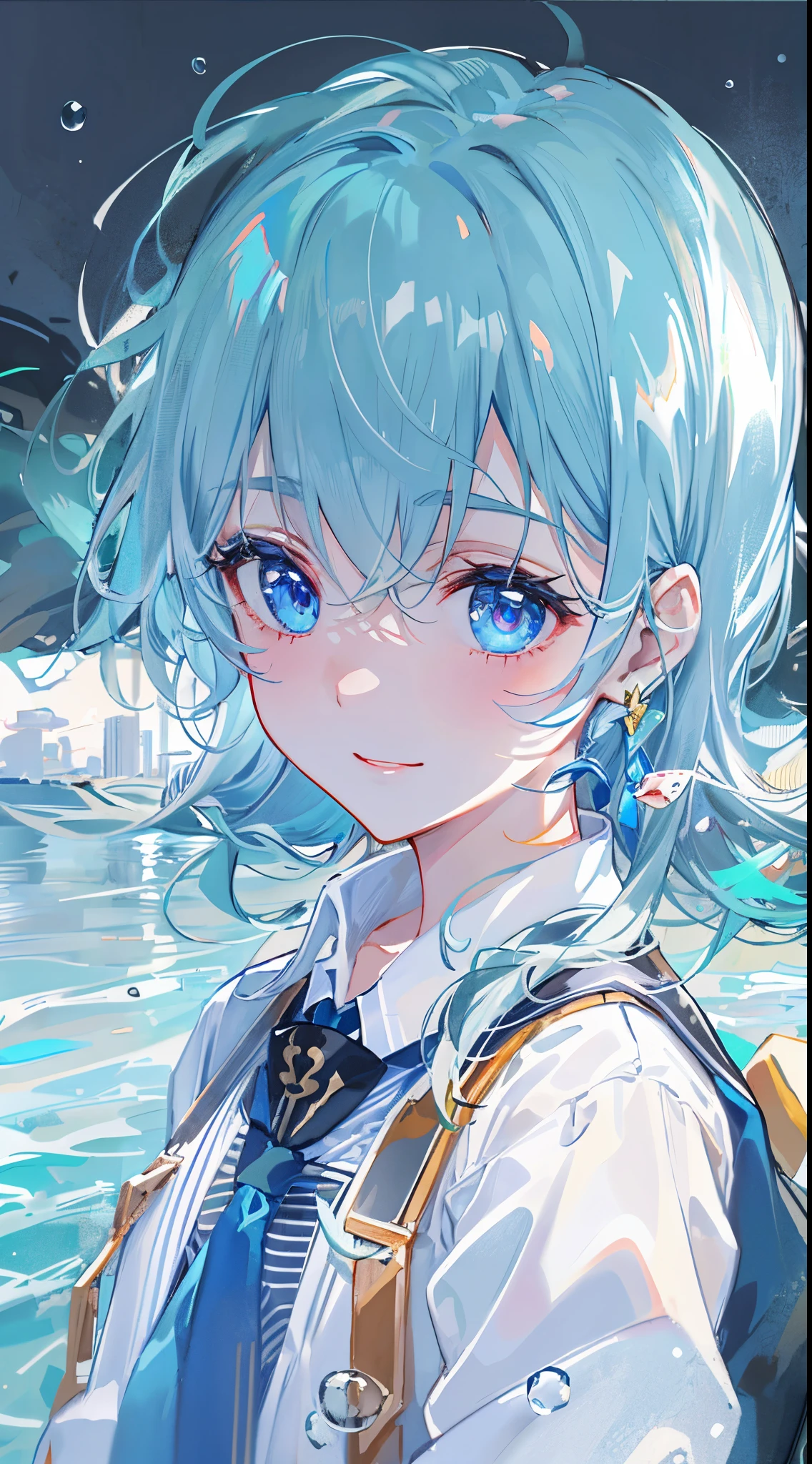 ((top-quality)), ((masterpiece)), ((ultra-detailliert)), (Extremely delicate and beautiful), girl with, 独奏, full bodyesbian、cold attitude,((Black jacket)),She is very(relax)with the(Settled down)Looks, depth of fields,Evil smile,Bubble, under the water, Air bubble,bright light blue eyes,inner color with bright gray hair and light blue tips,,Cold background,Shorthair、bobhair、linear art, shortpants、knee high socks、White uniform like school uniform、((female high-school student)),Light blue ribbon ties、Clothes are sheer、Hands in pockets、Bright eyes like sapphire,Fronllesse Blue, A small blue light was floating、fantastic eyes, Looking from above、looking down at the person watching