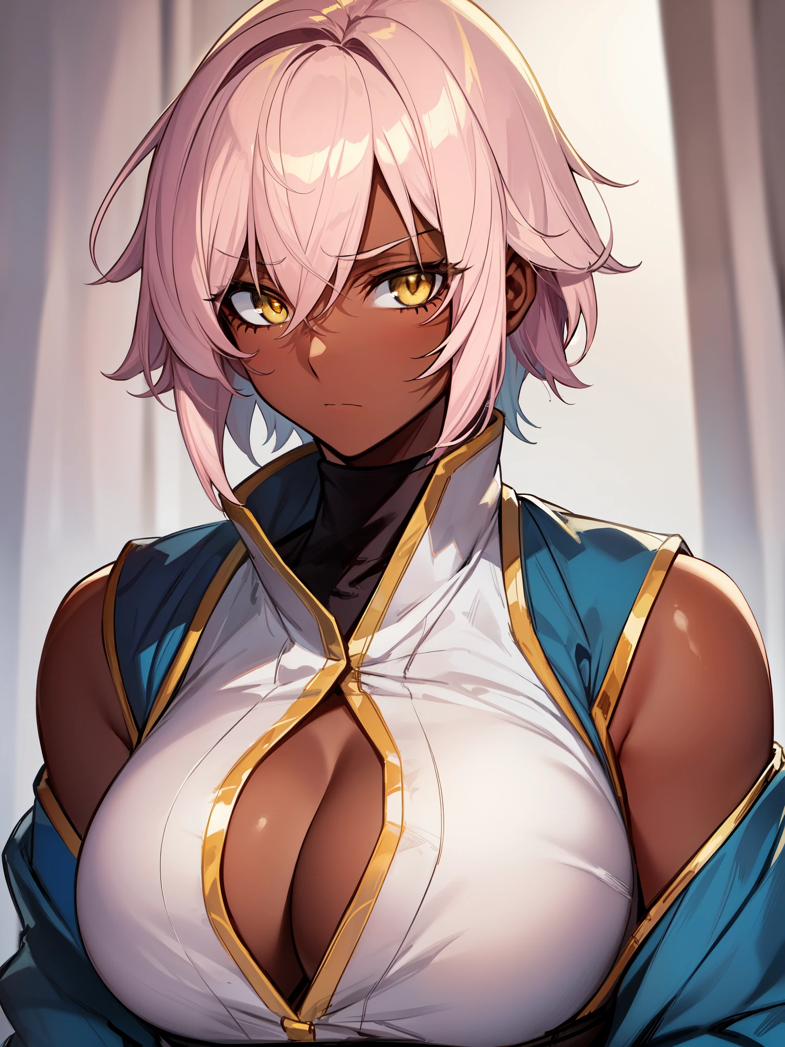 ((golden colored eyes)), ((pale pink hair)), ((tomboy)), ((short hair)), ((large breasts)), ((mature female)), ((wild hairstyle)), ((medic)), ((complementary colors)), ((tough expression)), ((dark skin)), 1girl, beautifully drawn, high resolution illustration, best quality, High definition, ((detailed anime sketch)), Masterpiece, (solo), absurdres, portrait, detailed background, fine detail, female focus, HDR, upper body, close-up, ((shinobi clothing)),