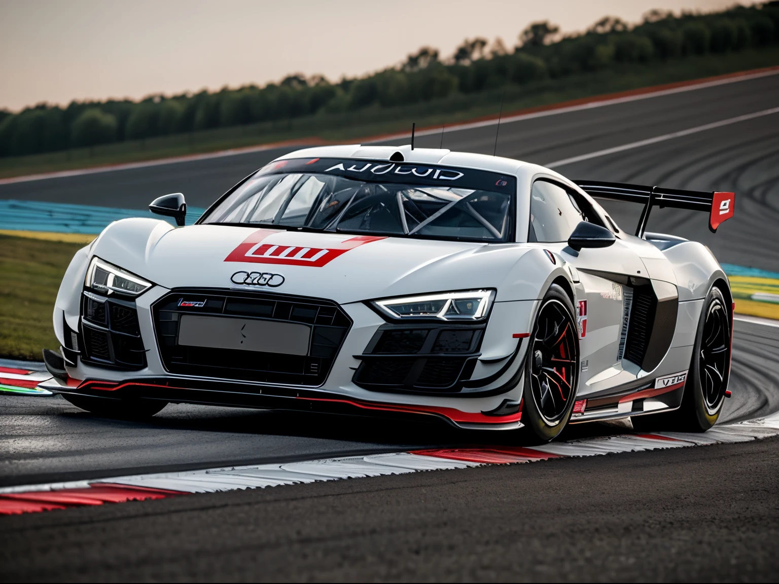 arafed image of a (Audi hypercar:1.4), (8k, RAW photo, best quality, masterpiece:1.2), (realistic, photo-realistic:1.37), (full body:1.3) (detailed), (highres), ultra realistic, hyperrealistic, high detail RAW color photo of (Audi hypercar:1.4), high angle shot front view Audi hypercar driving on a race track, stormy weather, (wet:1.2), (water dust:1.2), 8k uhd, high quality, motion blur, depth blur, cinematic, filmic image 4k, vibrant color, (reflections),(Audi) race car,(race car:1.4),(endurance race car:1.4),at night, lights, High Detail, Sharp focus, (photorealism), realistic, best quality, 8k, award winning, dramatic lighting, epic, cinematic, masterpiece, rim light, ambient fog:1.3, dutch angle, depth of field,8k uhd, high quality, motion blur, depth blur, cinematic, filmic image 4k, vibrant color, (reflections),spoiler, GT3 race car, WEC endurance cars,rollcage,sponsors,livery, sponsored livery,lights turned on,motion blur,closeup,commercial photography,AUDI R8 safety car