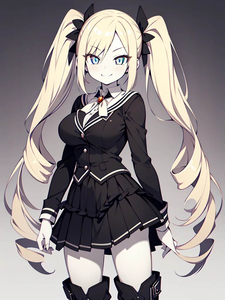 Highly detailed and realistic CG, Colorful, Masterpiece, Best Quality, jewel-like eyes, 1girl, solo, blond hair, shiny hair, long twintails, drill hair, slender, skinny legs, black school uniform, layered skirt, luxury boots, amber eyes, bursting breasts, smirk, standing, contrapposto, tsurime, monochrome background,