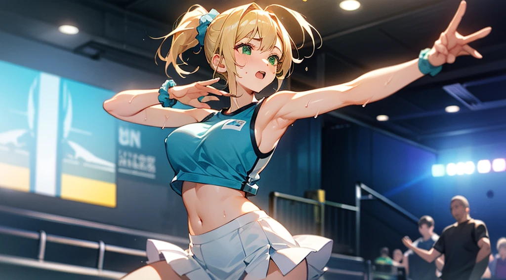 1 girl, game CG, see-through sleeveless blue gym uniform, belly button visible, short white skirt, hair scrunchie, gigantic breasts, blonde, middle hair, side ponytail, green eyes, outdoor, dance, dynamic, sweat,