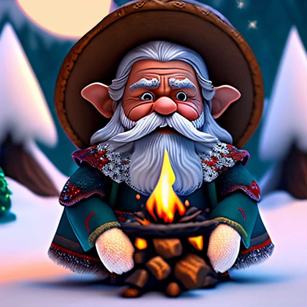 Cute 3D ultra realistic  dwarfon the front with long hair and long beard old man Christmas dwarf folded hands next to a camp fire with Christmas decorations and some snow in the forest full moon high quality 8k