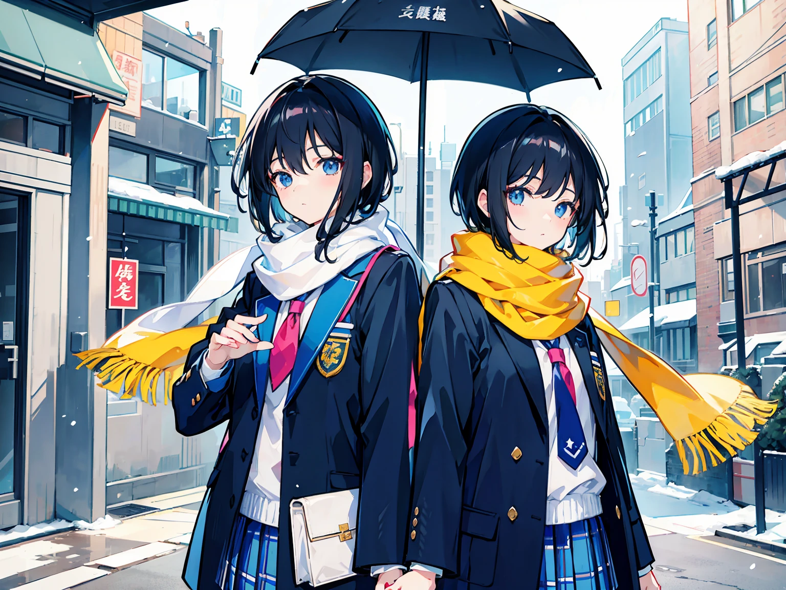 tmasterpiece，A high resolution， a young man and a woman，couple,  詳細な目,Two people wearing school uniforms，Paired with matching scarf，snowy days，black hair color hair，Sweet interaction，The man has short hair, is very handsome and sunny，Girls are very beautiful and cute。