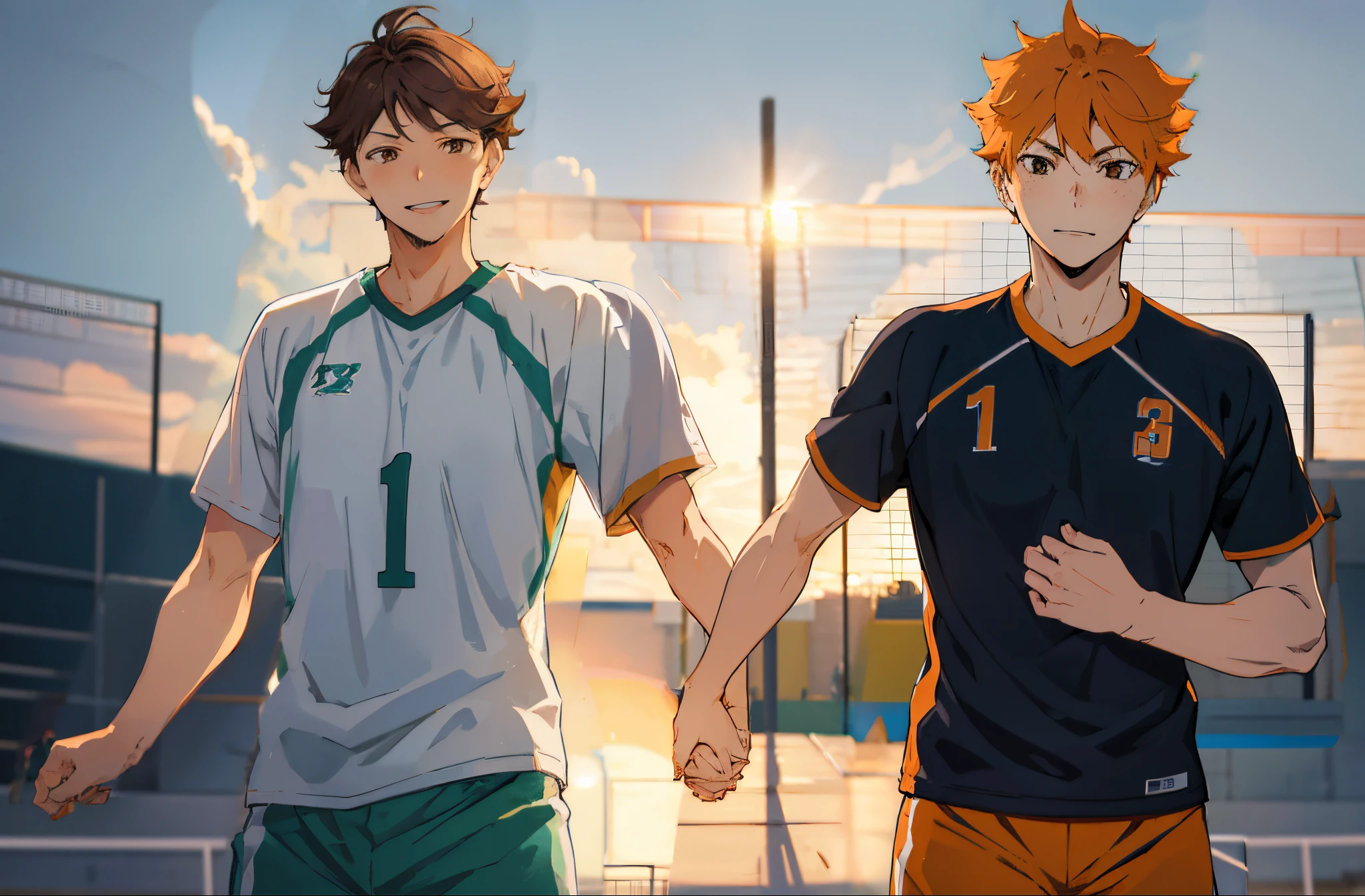 masterpiece, 2 men volleyball players holding hands, cute, cinematic lighting, volleyball court, sharp focus, oikawa tooru, brown hair, brown eyes, smiling