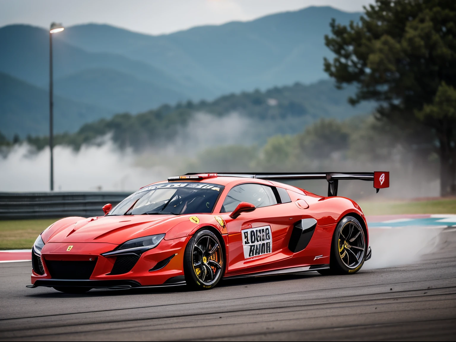 arafed image of a (ferrari hypercar:1.4), (8k, RAW photo, best quality, masterpiece:1.2), (realistic, photo-realistic:1.37), (full body:1.3) (detailed), (highres), ultra realistic, hyperrealistic, high detail RAW color photo of (ferrari hypercar:1.4), high angle shot front view ferrari hypercar driving on a race track, stormy weather, (wet:1.2), (water dust:1.2), 8k uhd, high quality, motion blur, depth blur, cinematic, filmic image 4k, vibrant color, (reflections),(ferrari) race car,(race car:1.4),(endurance race car:1.4),at night, lights, High Detail, Sharp focus, (photorealism), realistic, best quality, 8k, award winning, dramatic lighting, epic, cinematic, masterpiece, rim light, ambient fog:1.3, dutch angle, depth of field,8k uhd, high quality, motion blur, depth blur, cinematic, filmic image 4k, vibrant color, (reflections),spoiler, GT3 race car, WEC endurance cars,rollcage,sponsors,livery, sponsored livery,lights turned on,motion blur,closeup,commercial photography,AUDI R8 safety car