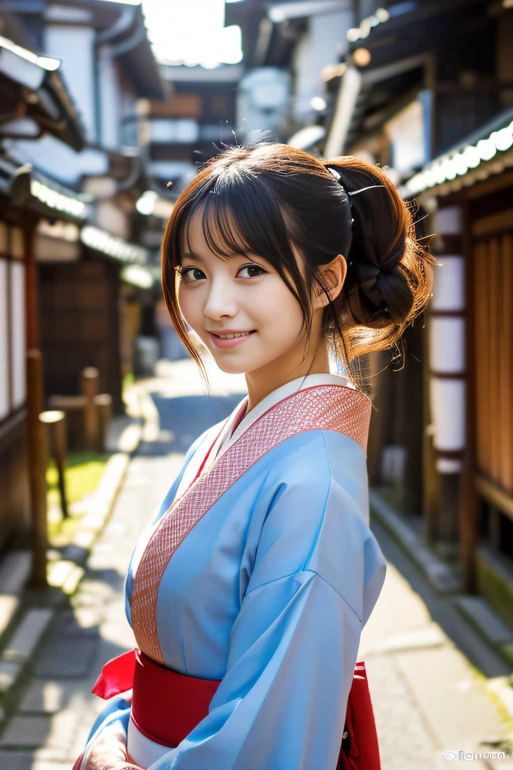 ((1 japanese girl)), Ethereal beautiful, slim, Petite, Soft light, ((David Hamilton Style)), closeup picture, masutepiece, Best Quality, Photorealsitic, 8K, High resolution, Detailed skin, 8K UHD, Digital SLR, Soft lighting, High quality, Film grain, FUJI XT3, Full body, In the Kyoto city, standing, Photo from the waist up、(wearing cute Japanese_KIMONO), smile, ((The background is Kyoto_street),