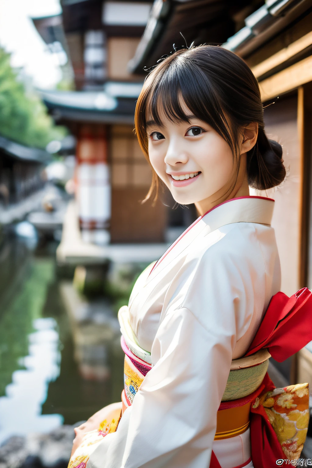 ((1 japanese teenage girl)), Ethereal beautiful, slim, Petite, Soft light, ((David Hamilton Style)), closeup picture, masutepiece, Best Quality, Photorealsitic, 8K, High resolution, Detailed skin, 8K UHD, Digital SLR, Soft lighting, High quality, Film grain, FUJI XT3, Full body, In the Kyoto city, standing, Photo from the waist up、(wearing cute Japanese_KIMONO), smile, (The background is Kyoto_street),