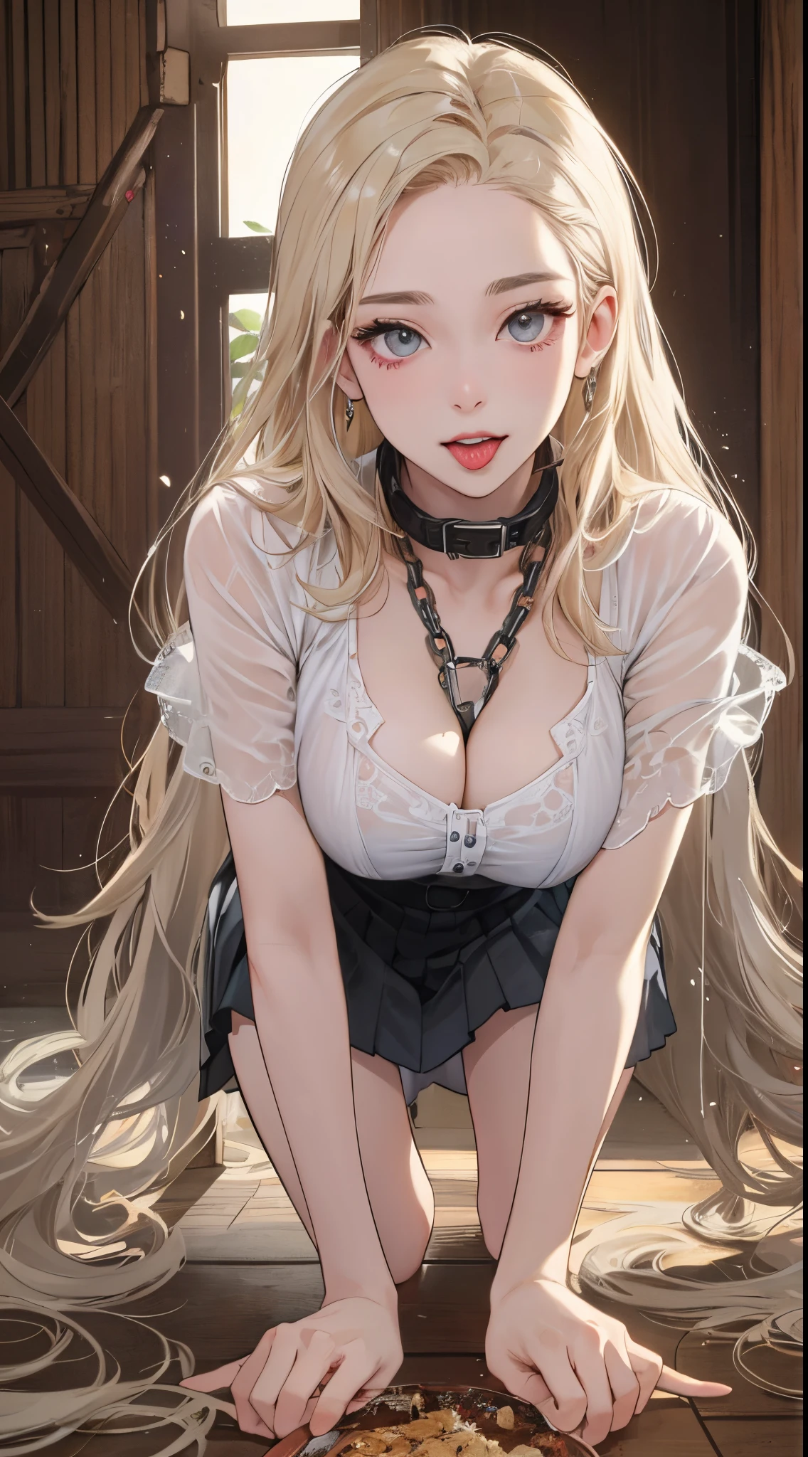 top-quality、realistic touch,high-detail、photoRealstic、skirts that are too short、big eye、Big breasts that are about to fall out of your clothes、Strong platinum blonde eyelashes、platinum-blonde、Beautie、A sexy、full body Esbian、Sparkling eyes、Submissive smile、Flushed cheeks、Kamimei、thin-waist、Voluptuous thighs、Enraptured look、Raked bangs、The forehead is protruding、See-through clothing、high-heels、Get down on all fours and look up at me、Inside a dim wooden room、She is chained off-screen with a collar and chain..、With my mouth wide open、Sticks out her very long tongue、Fold your hands behind your head、long tongue、Sticks out her very long tongue、Sticks out her very long tongue、She licks the water from the plate on the floor、