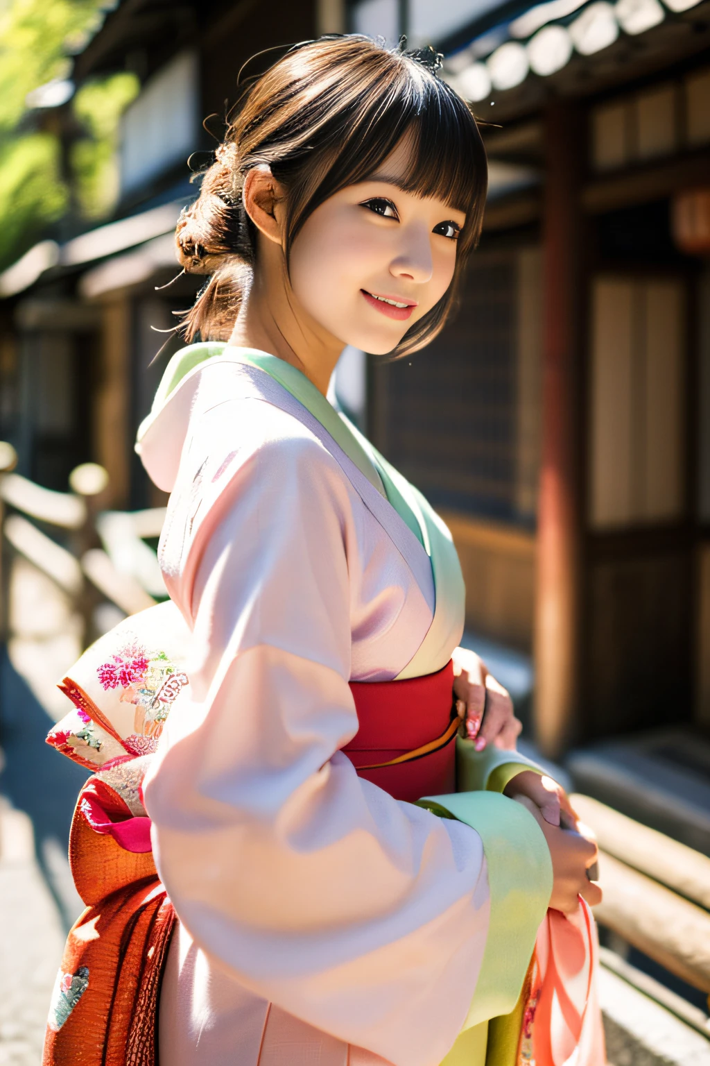 ((1 japanese teenage girl)), Ethereal beautiful, slim, Petite, Soft light, ((David Hamilton Style)), closeup picture, masutepiece, Best Quality, Photorealsitic, 8K, High resolution, Detailed skin, 8K UHD, Digital SLR, Soft lighting, High quality, Film grain, FUJI XT3, Full body, In the Kyoto city, standing, Photo from the waist up、(wearing cute and short Japanese_KIMONO), smile, (The background is Kyoto_street),Photo from the front、